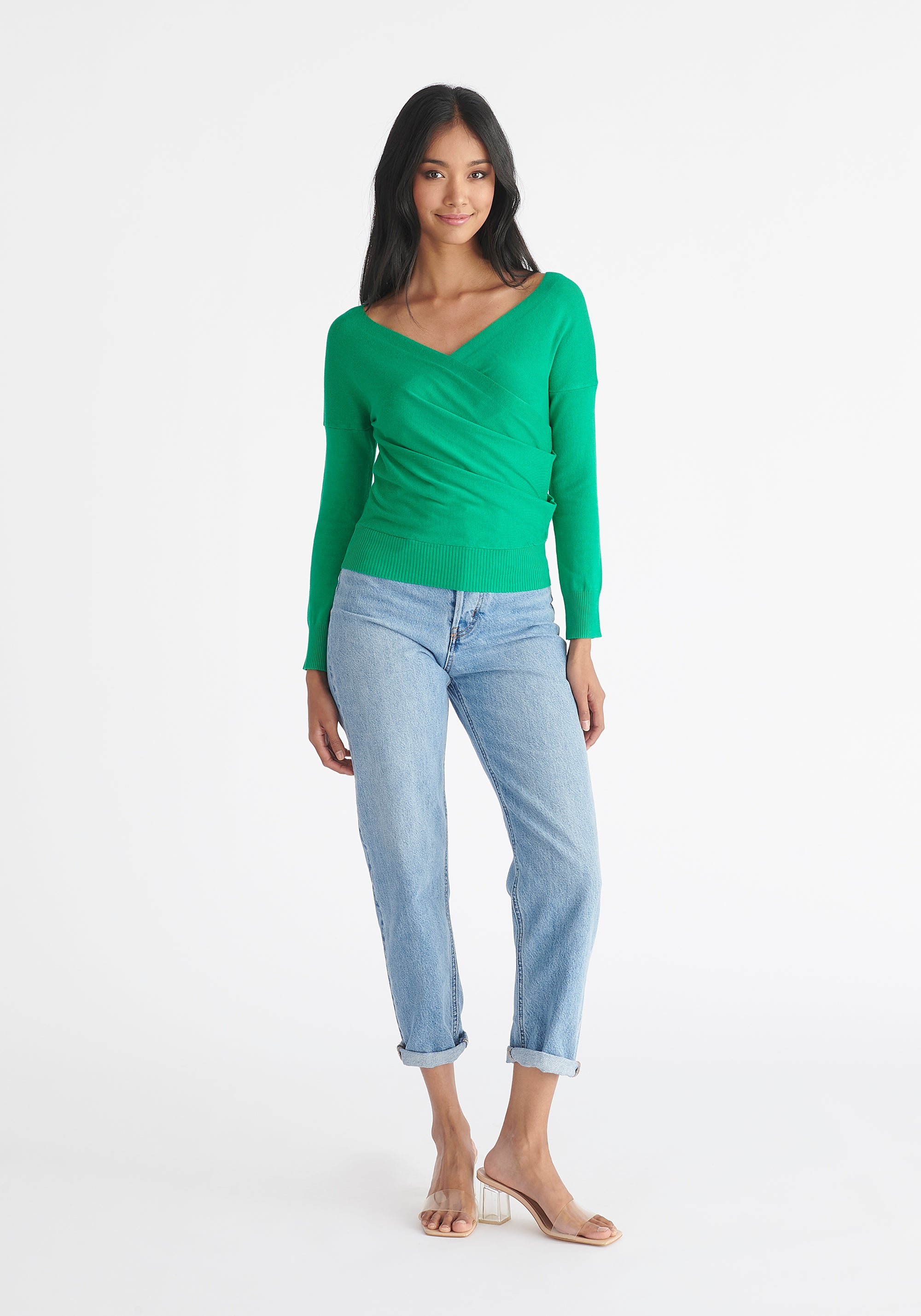 Paisie Long Sleeve Knit Wrap Top in Emerald Green