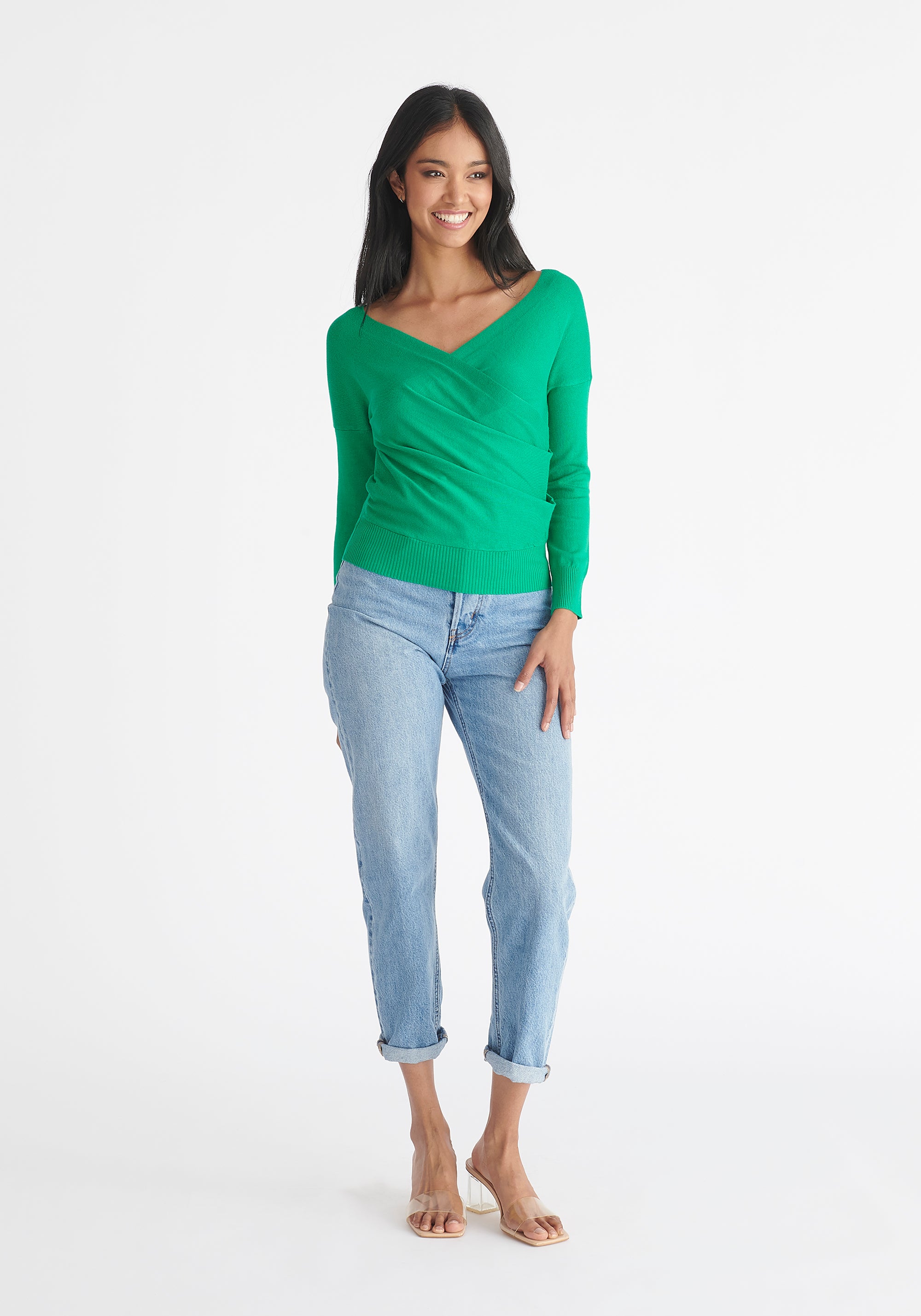 Paisie Long Sleeve Knit Wrap Top in Emerald Green