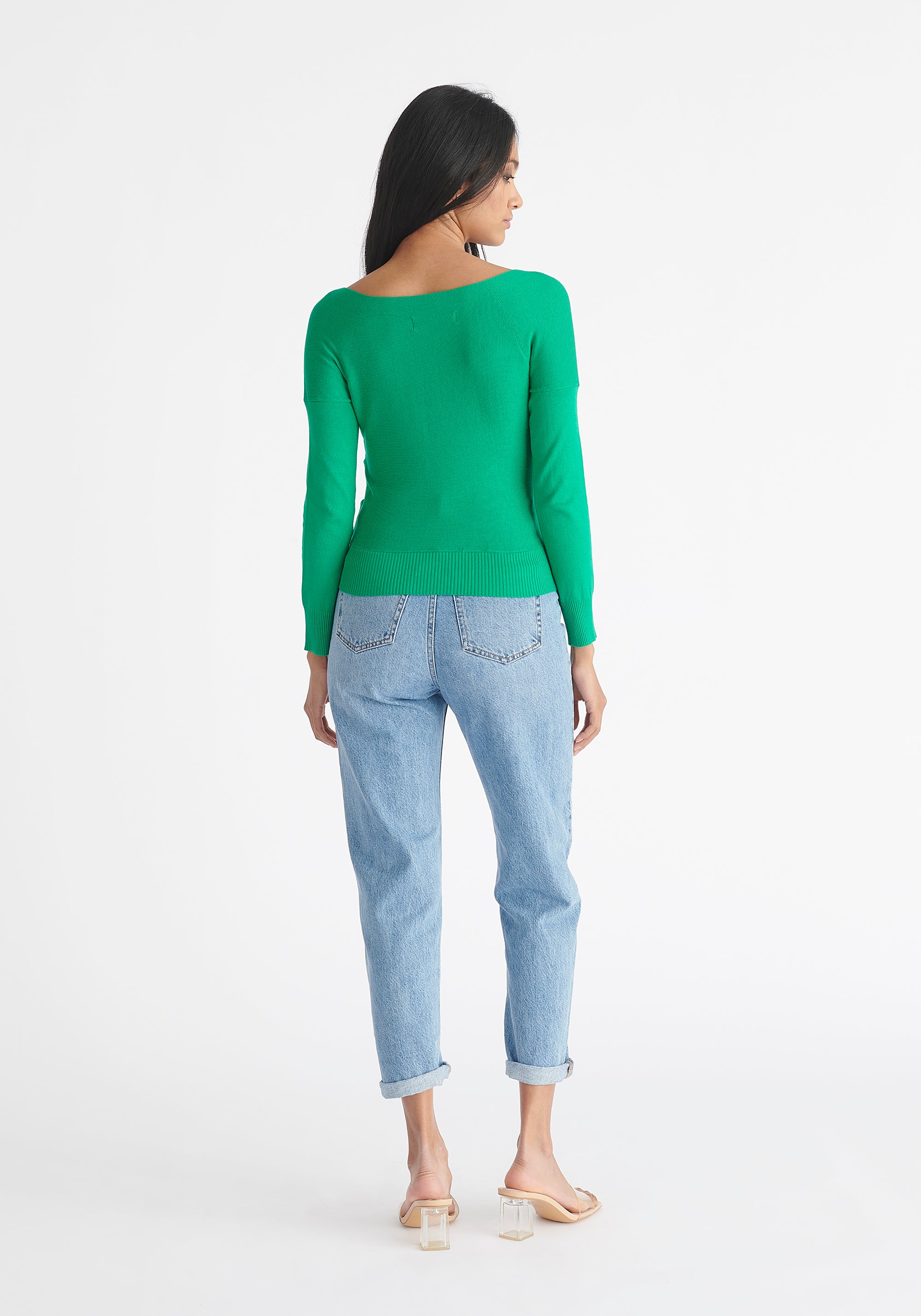 Paisie Long Sleeve Knit Wrap Top in Emerald Green Back