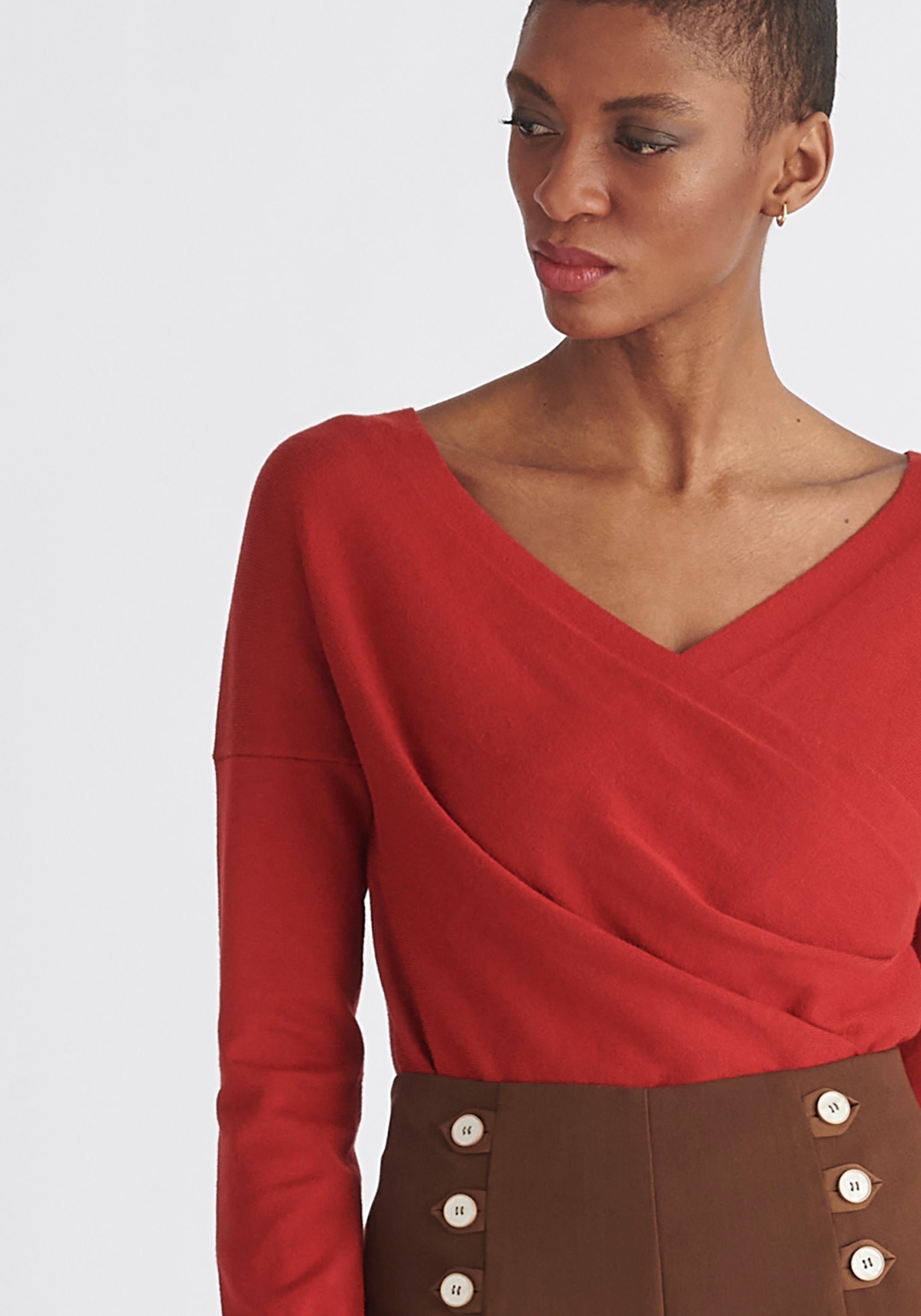 Paisie Long Sleeve Knit Wrap Top in Red