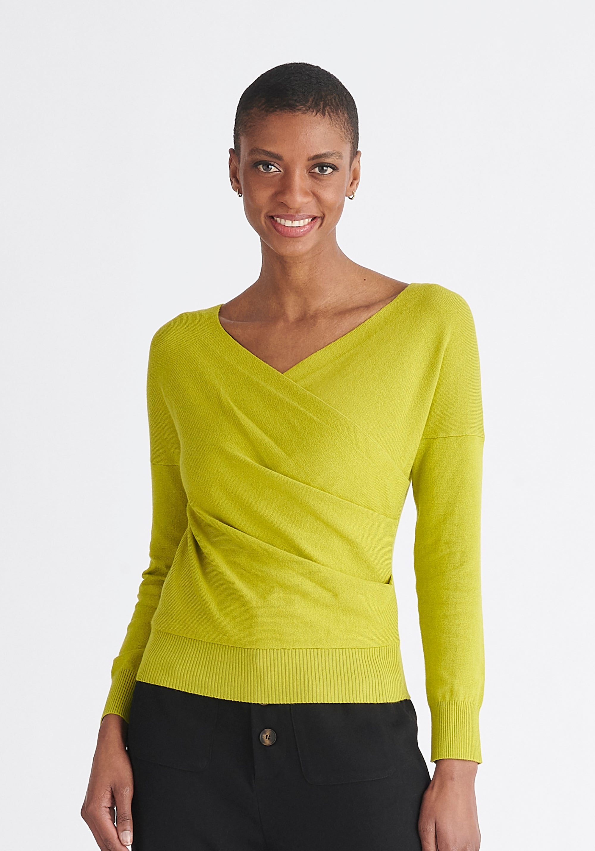 Paisie Long Sleeve Knit Wrap Top in Lime Green