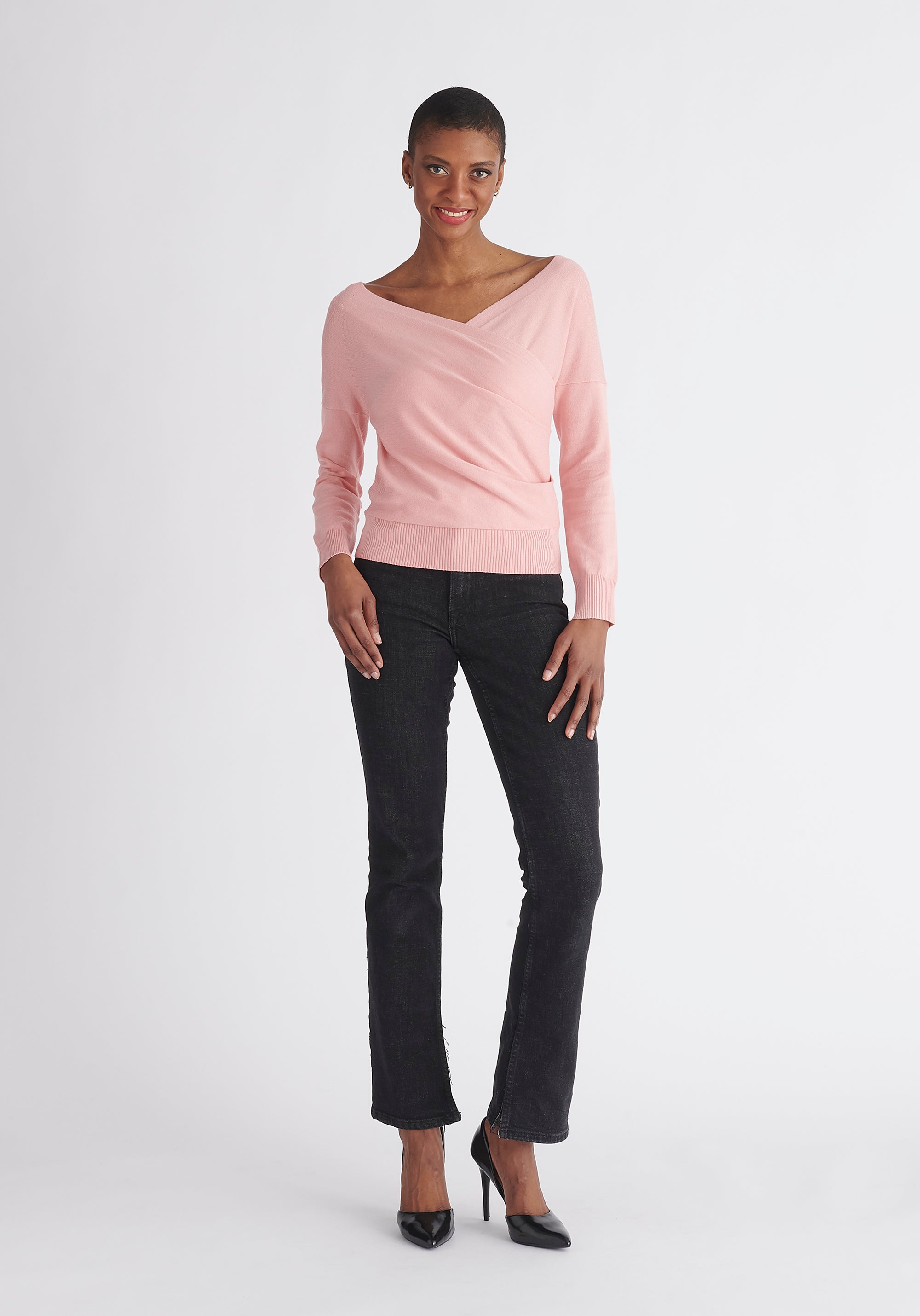 Paisie Long Sleeve Knit Wrap Top in Pink