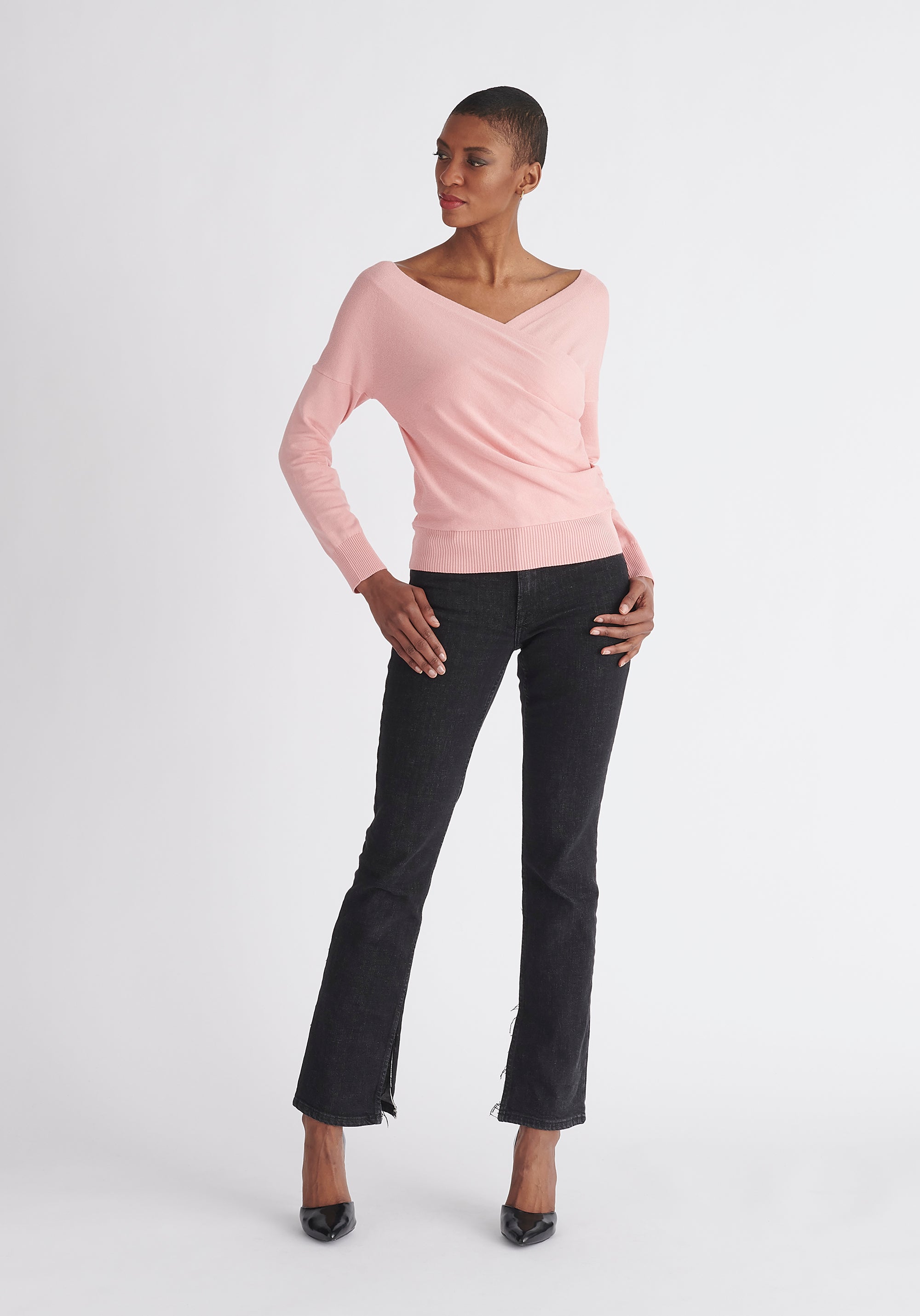 Paisie Long Sleeve Knit Wrap Top in Pink