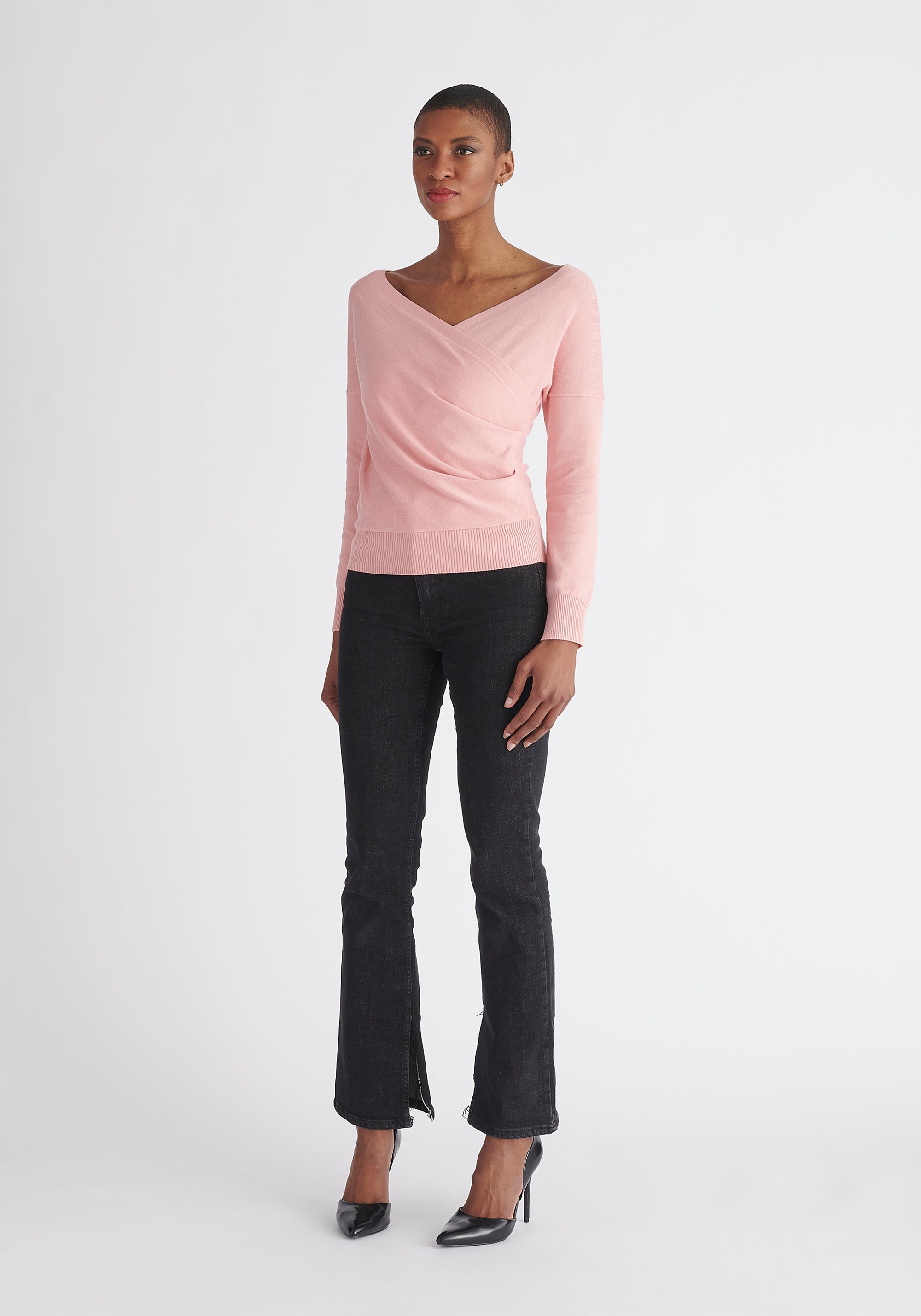 Paisie Long Sleeve Knit Wrap Top in Pink