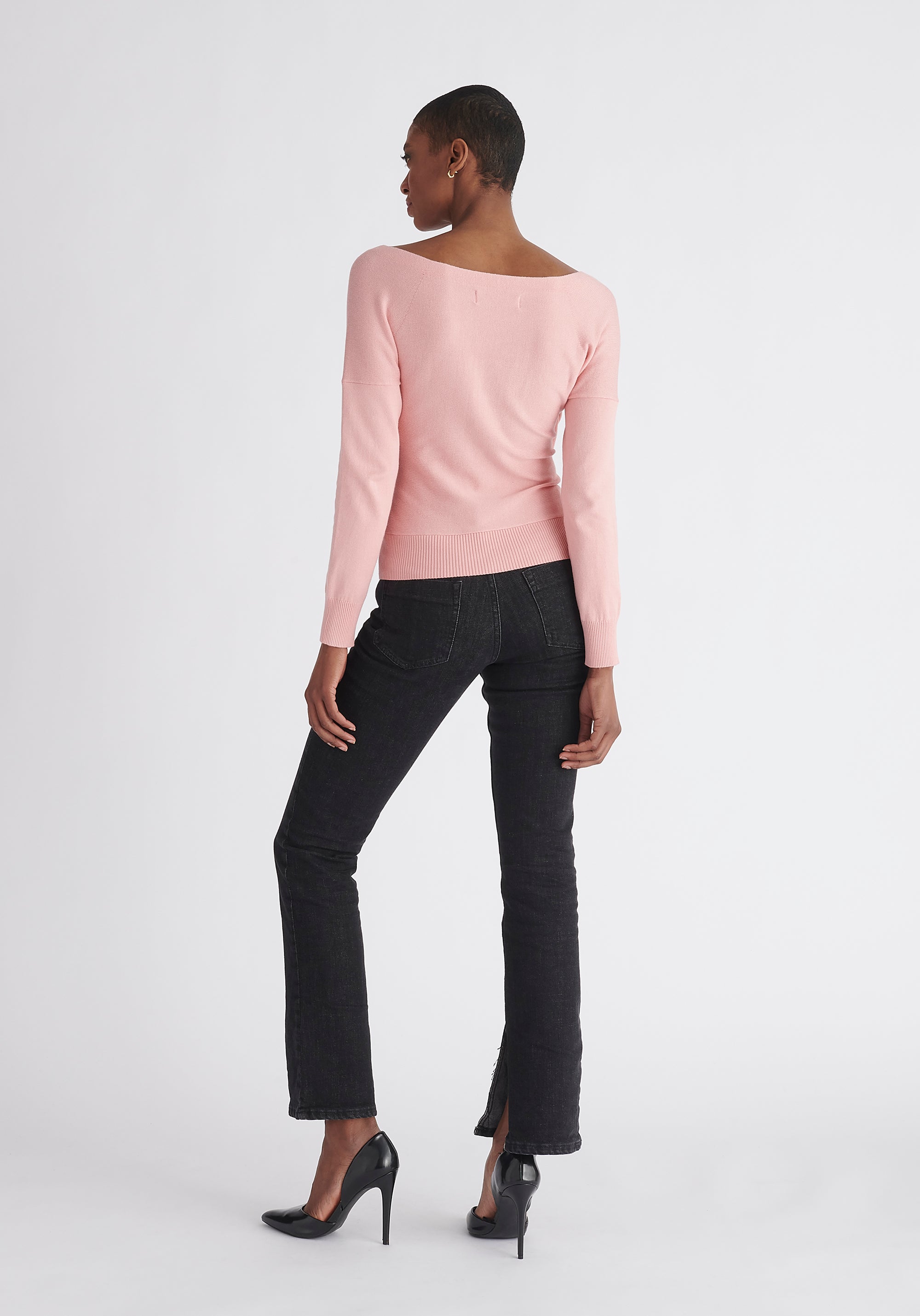 Paisie Long Sleeve Knit Wrap Top in Pink Back