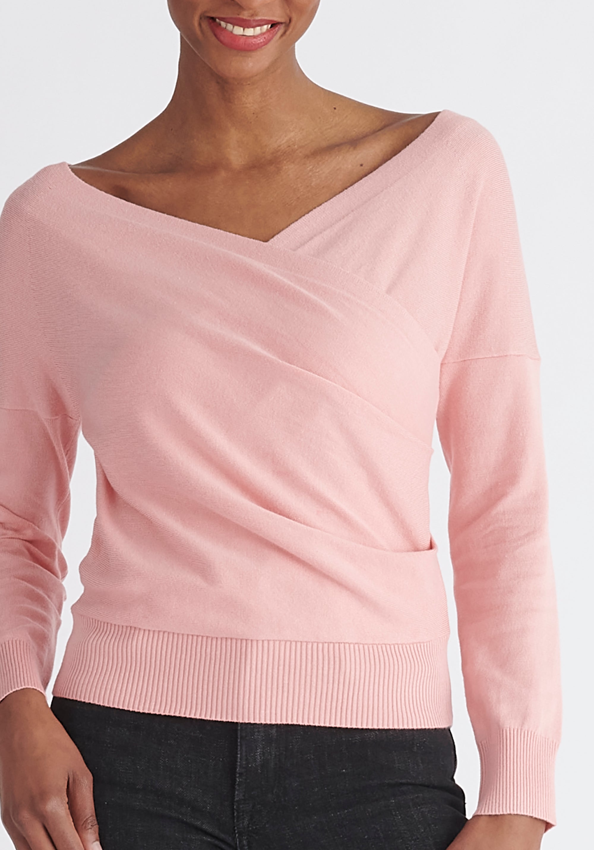 Paisie Long Sleeve Knit Wrap Top in Pink Close Up