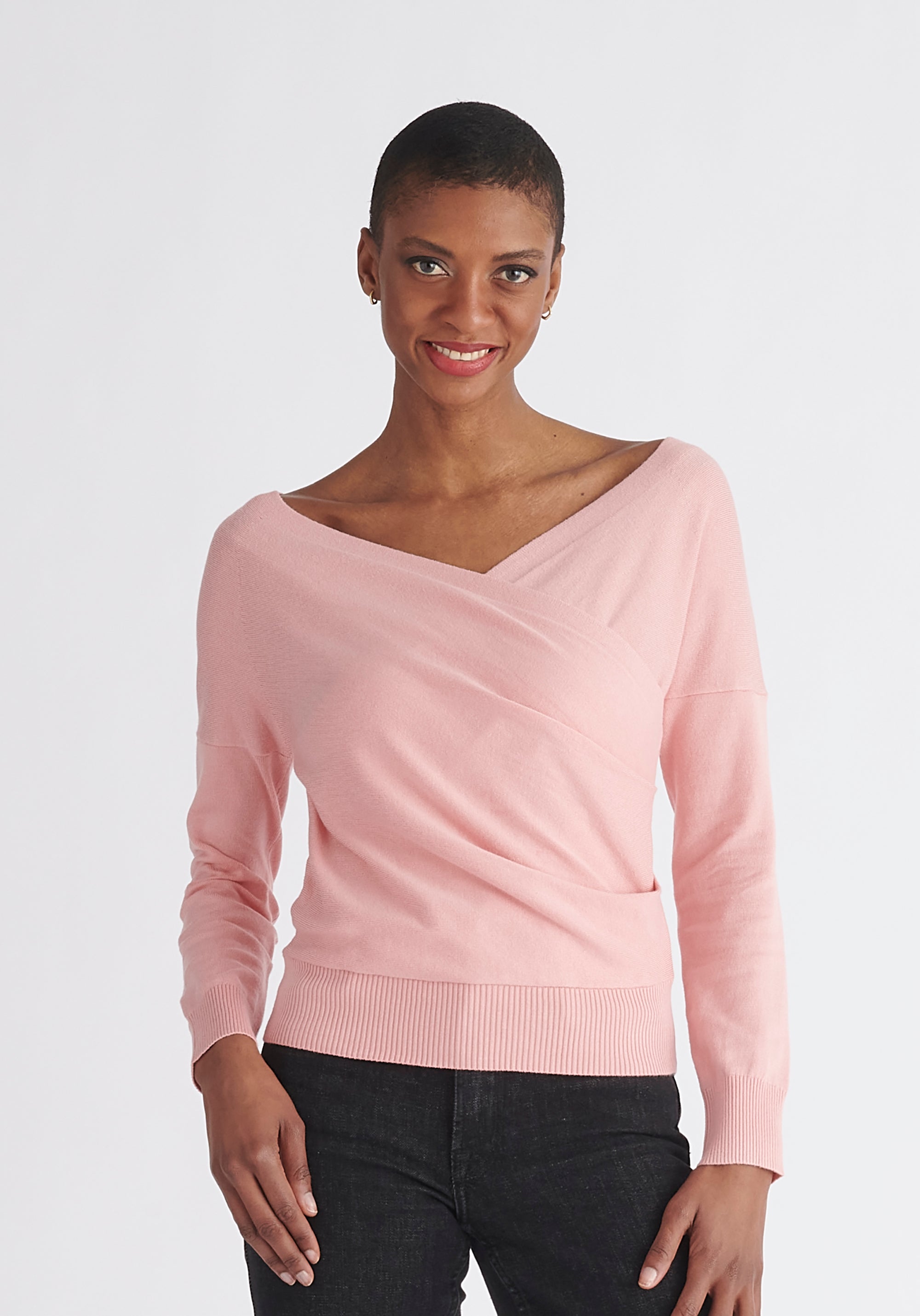 Paisie Long Sleeve Knit Wrap Top in Pink