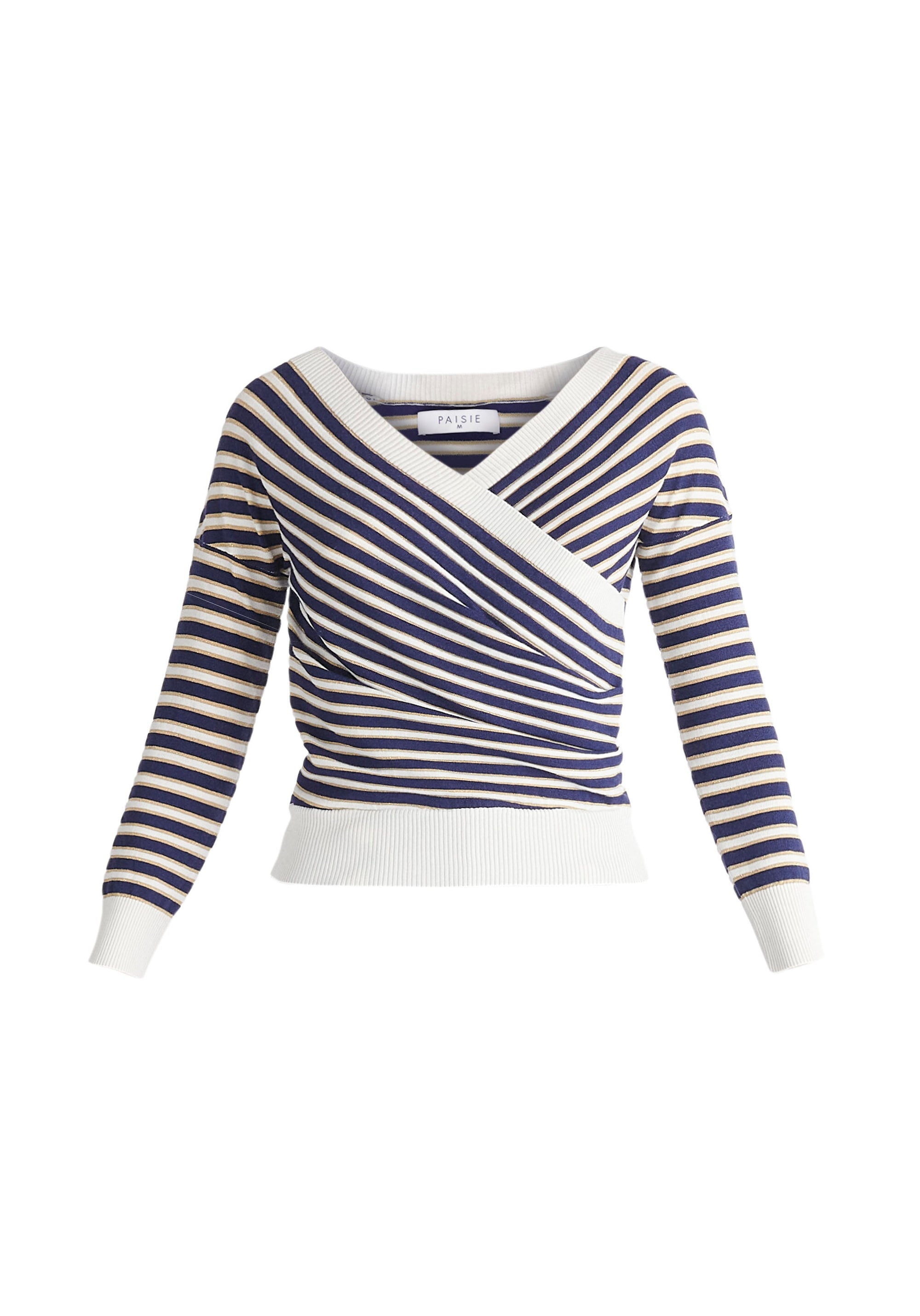 Paisie Long Sleeve Knit Wrap Top in Navy, White and Gold Cut Out