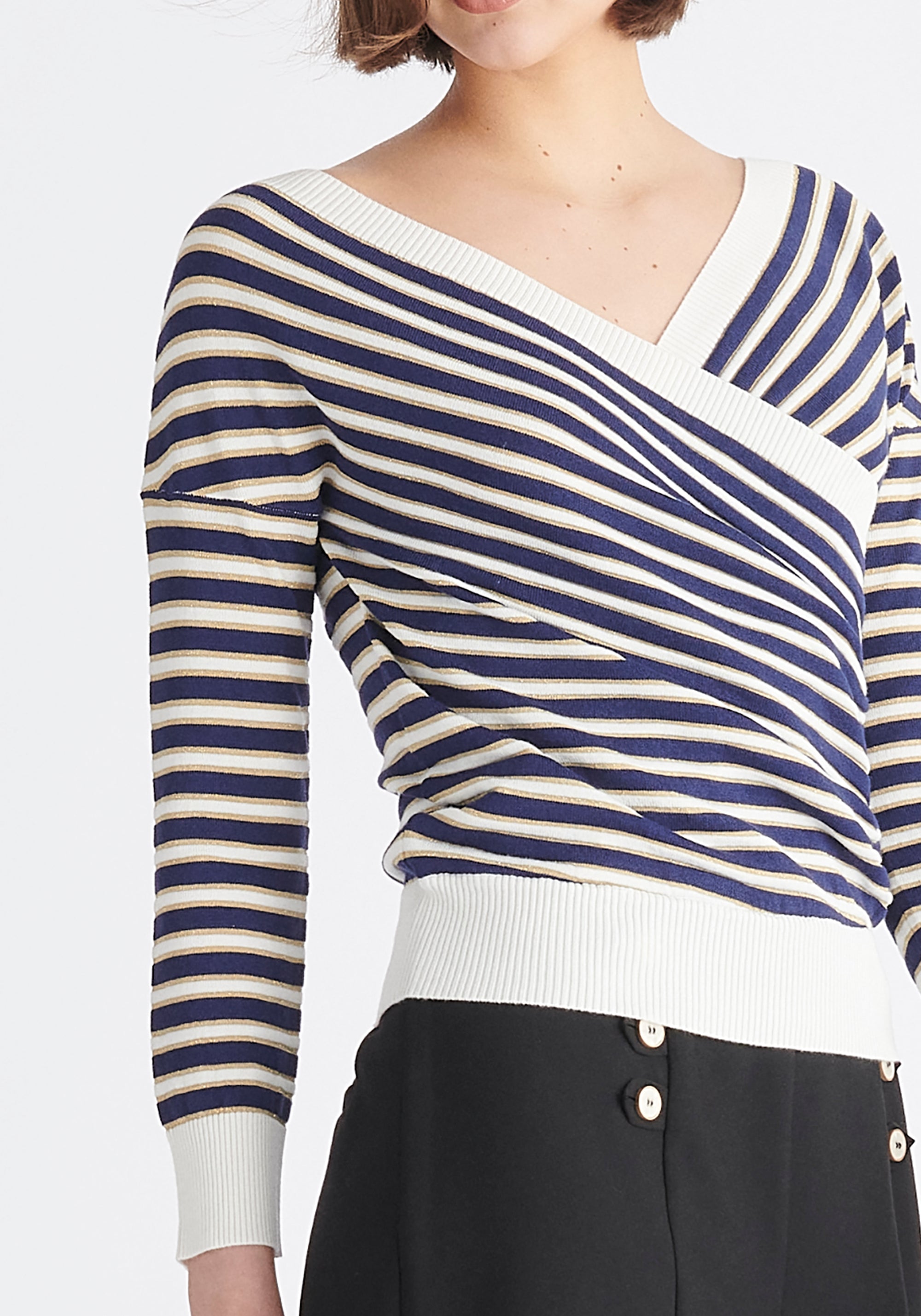 Paisie Long Sleeve Knit Wrap Top in Navy, White and Gold Close Up