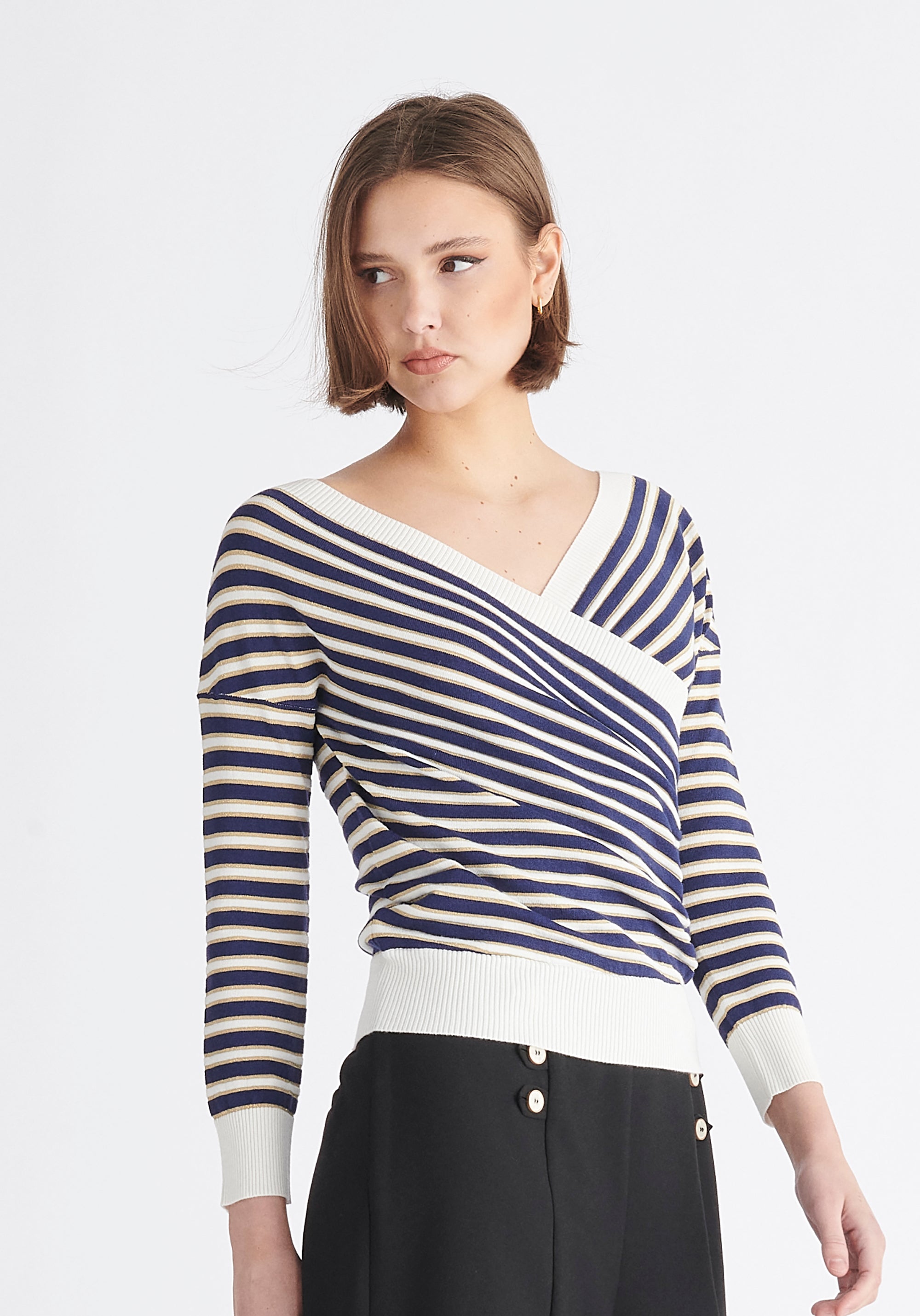 Paisie Long Sleeve Knit Wrap Top in Navy, White and Gold