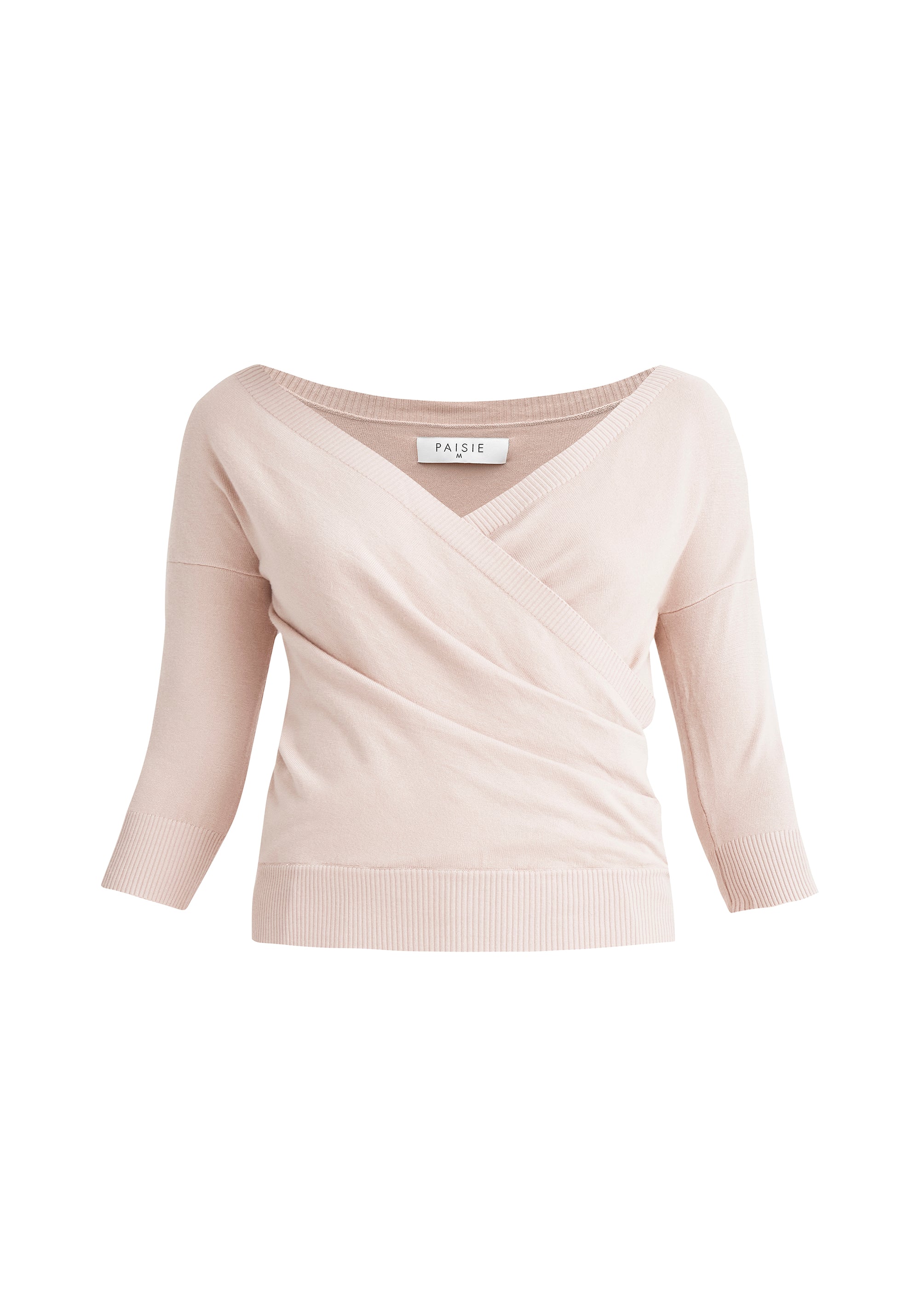 Paisie Knitted Wrap Top with 3/4 sleeves in Pink Cut Out