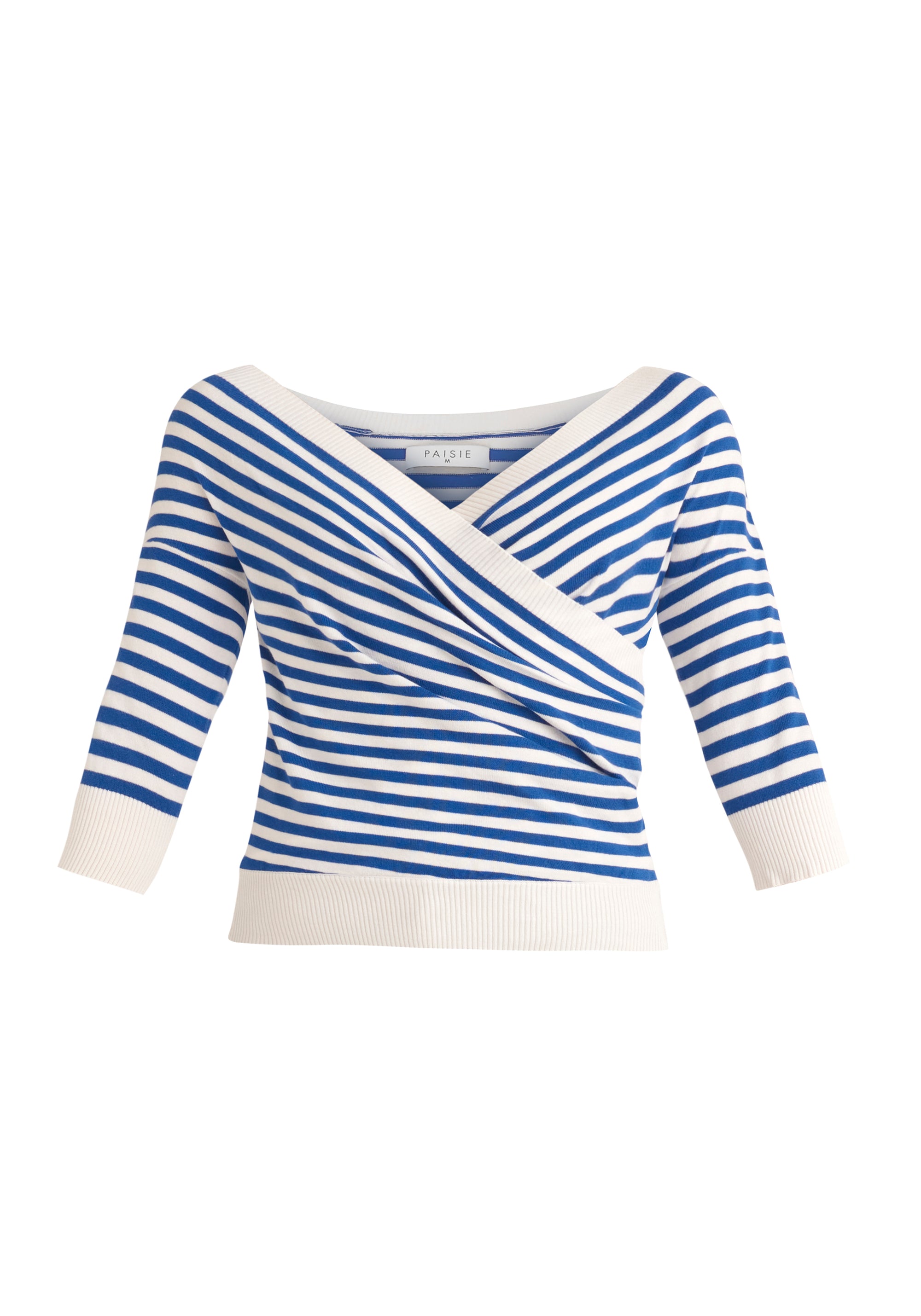 Paisie Striped Knitted Wrap Top with 3/4 Sleeves in Blue and White Cut Out