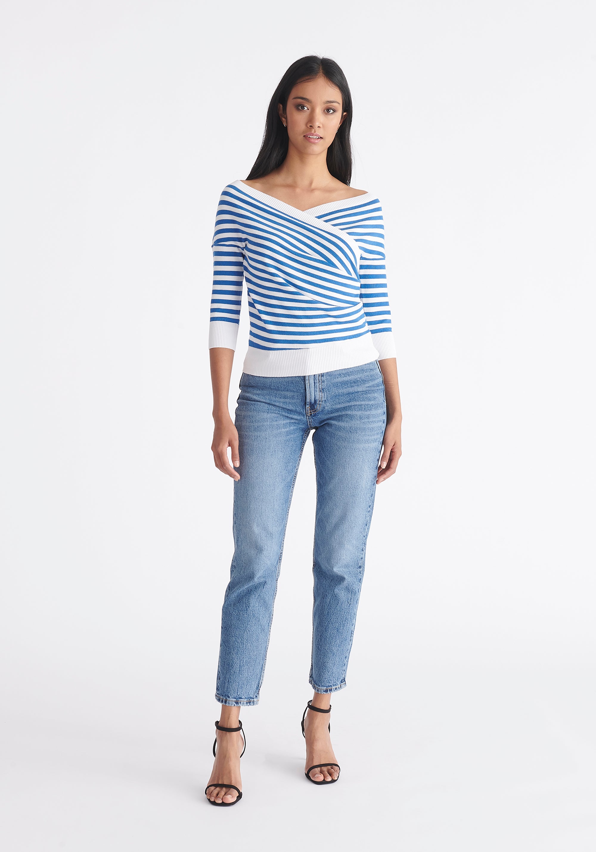 Paisie Striped Knitted Wrap Top with 3/4 Sleeves in Blue and White