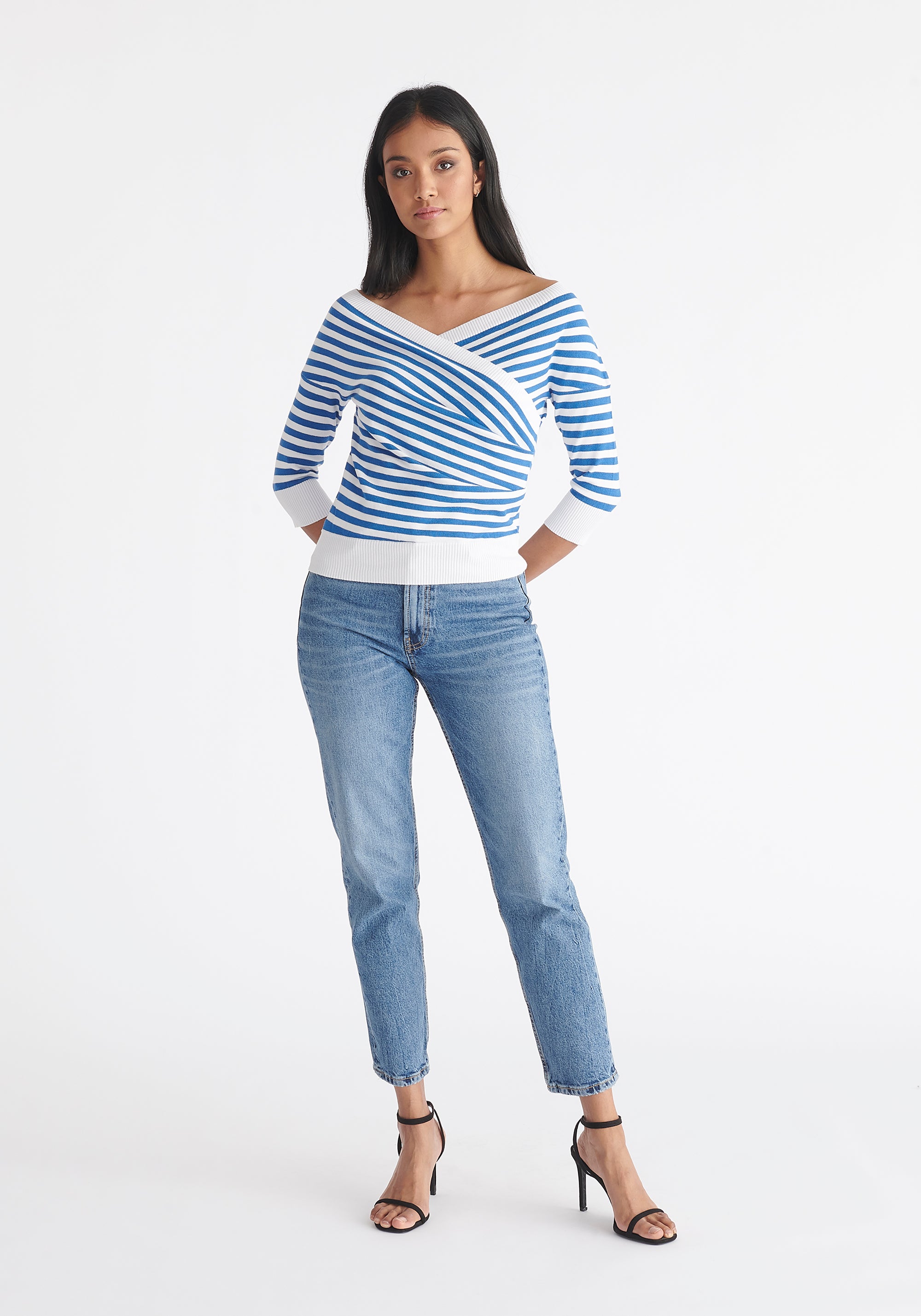 Paisie Striped Knitted Wrap Top with 3/4 Sleeves in Blue and White