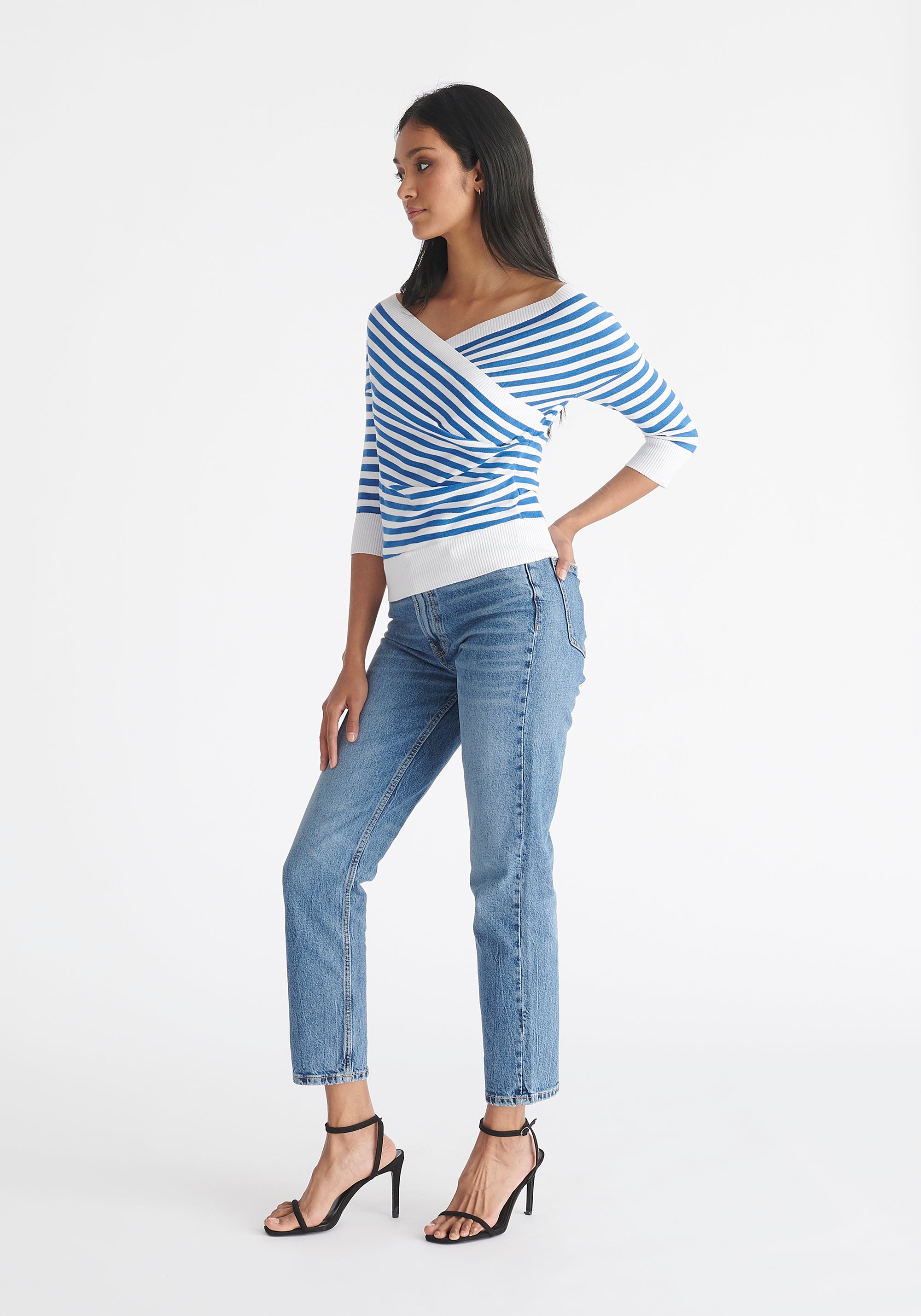 Paisie Striped Knitted Wrap Top with 3/4 Sleeves in Blue and White