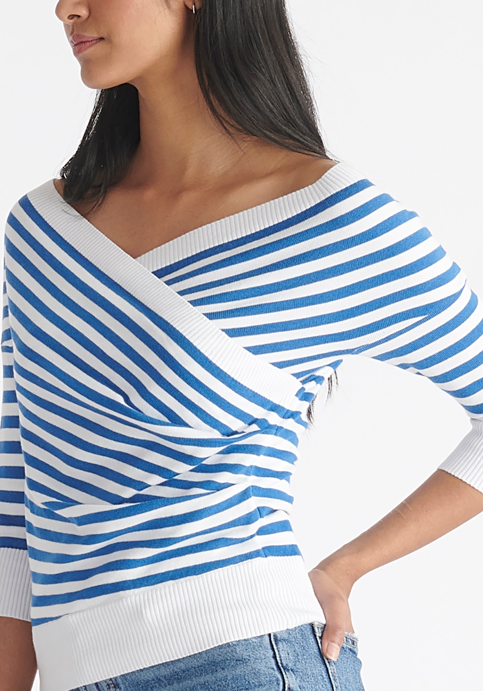 Paisie Striped Knitted Wrap Top with 3/4 Sleeves in Blue and White Close Up