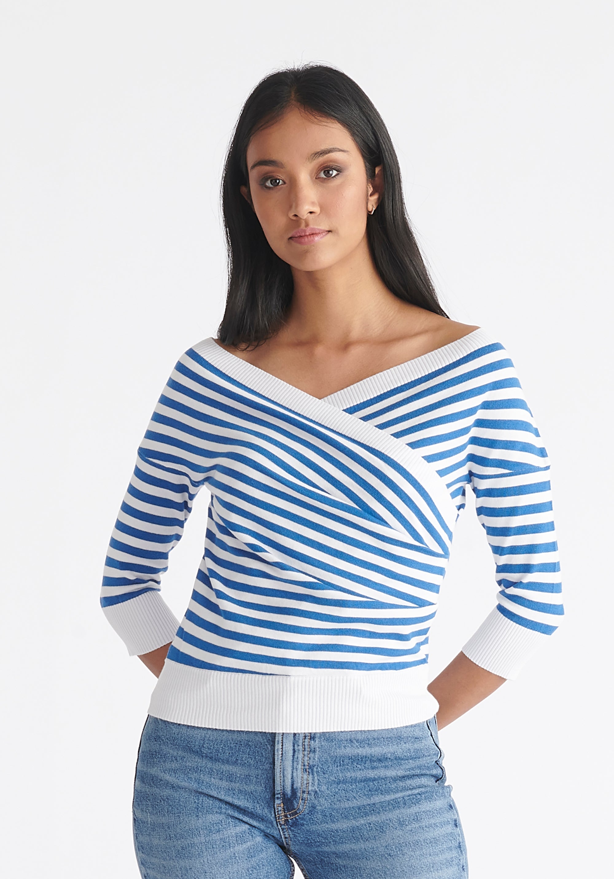 Paisie Striped Knitted Wrap Top with 3/4 Sleeves in Blue and White