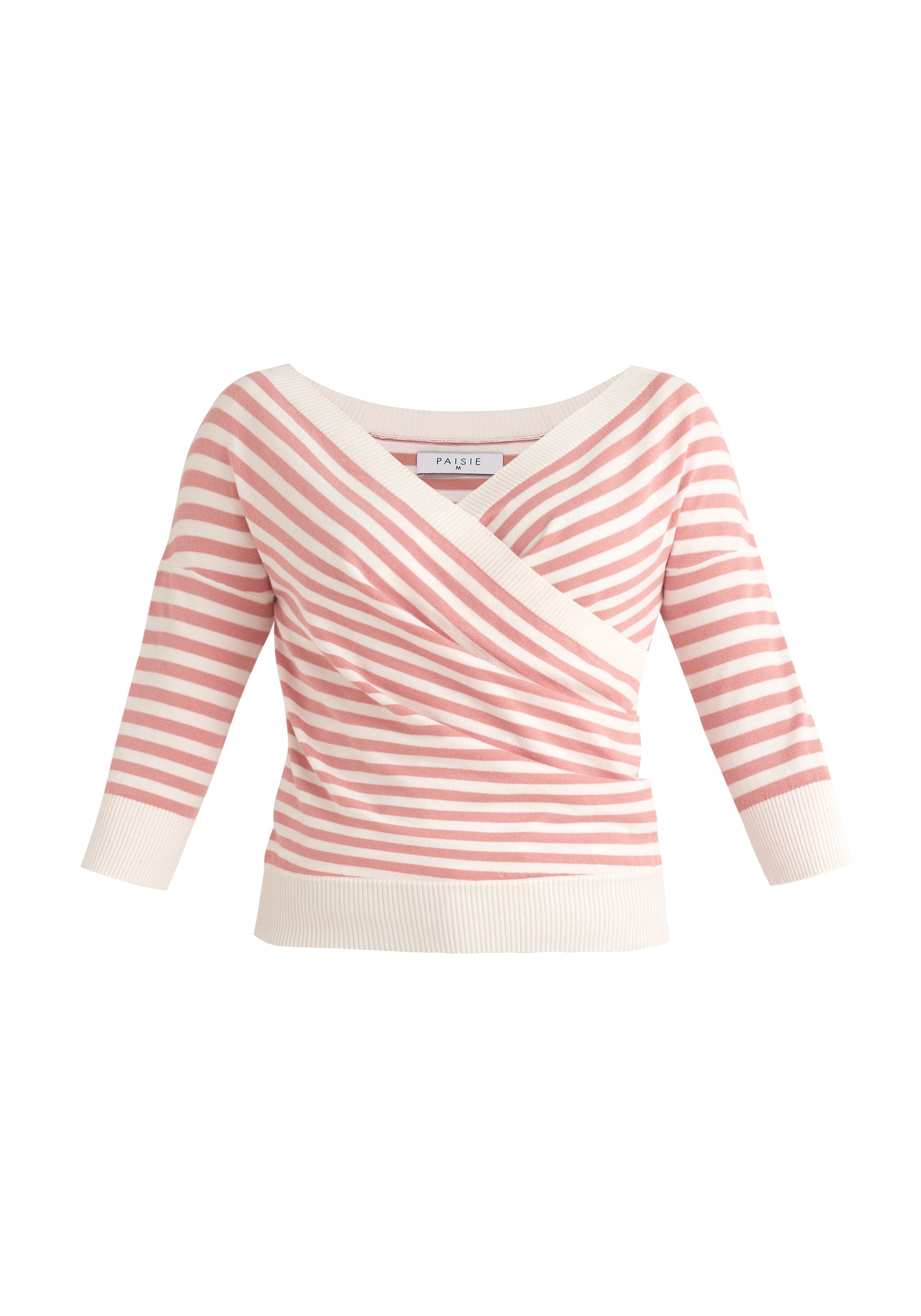 Paisie Striped Knitted Wrap Top with 3/4 Sleeves in Pink and White Cut out