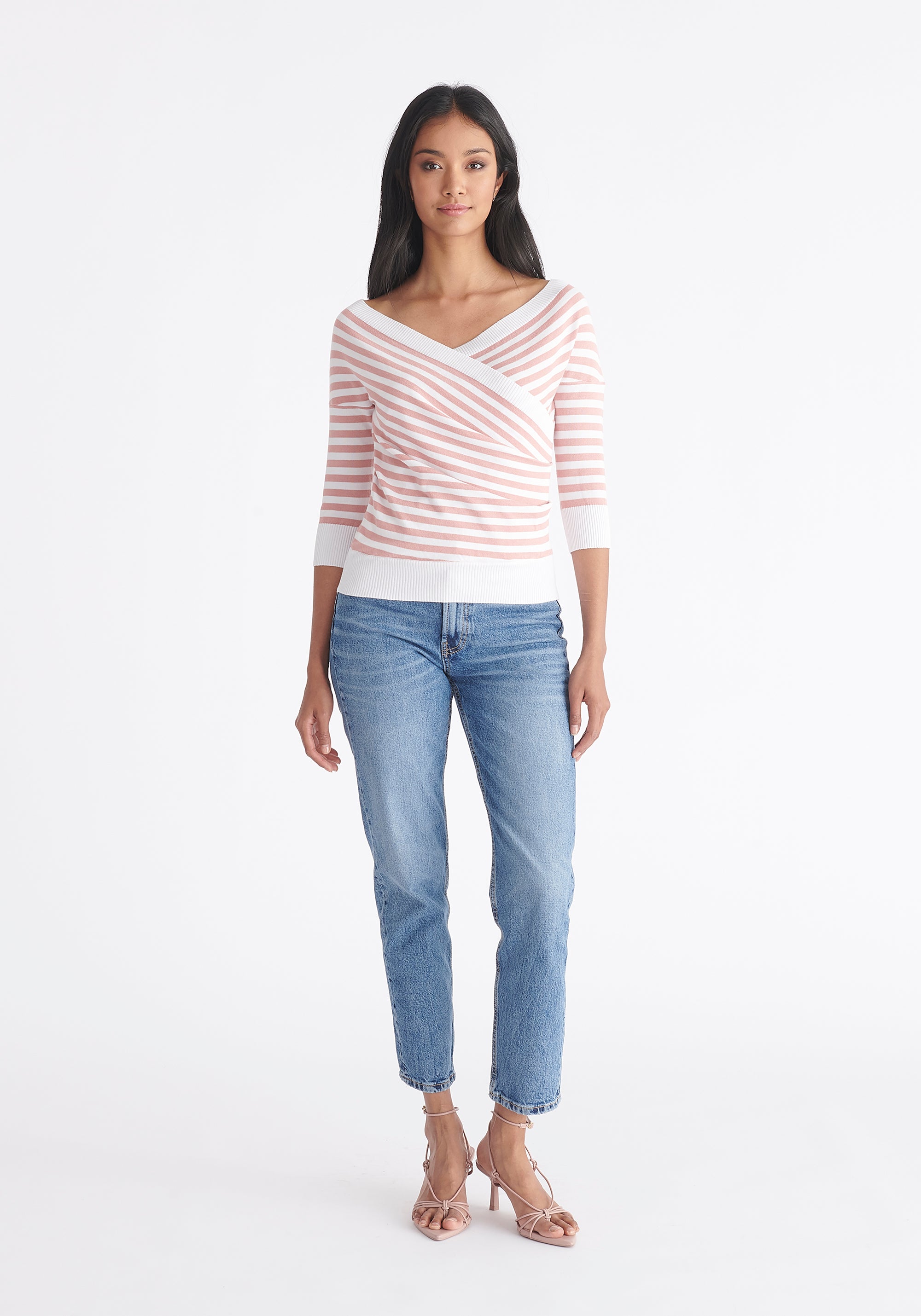 Paisie Striped Knitted Wrap Top with 3/4 Sleeves in Pink and White