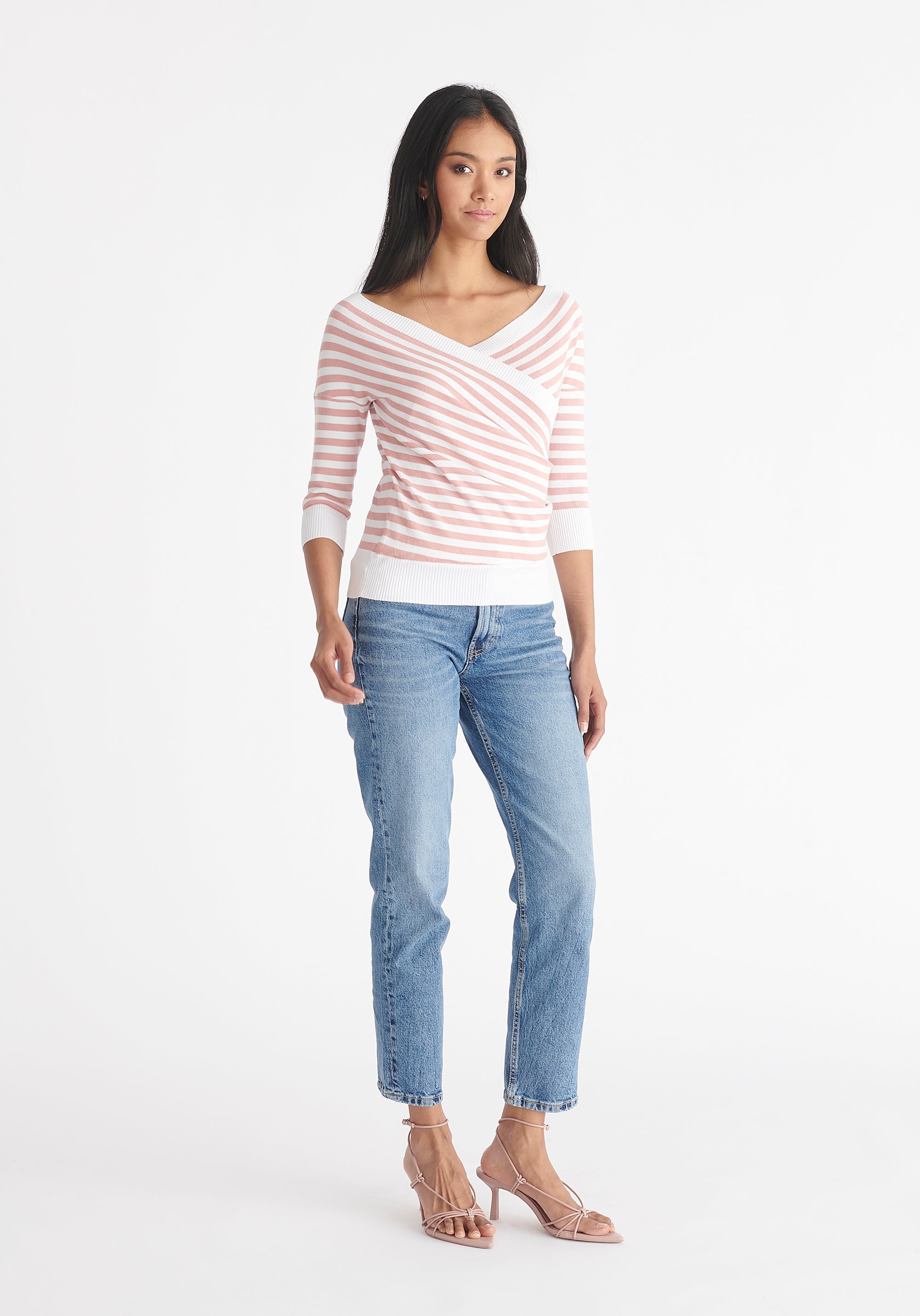 Paisie Striped Knitted Wrap Top with 3/4 Sleeves in Pink and White