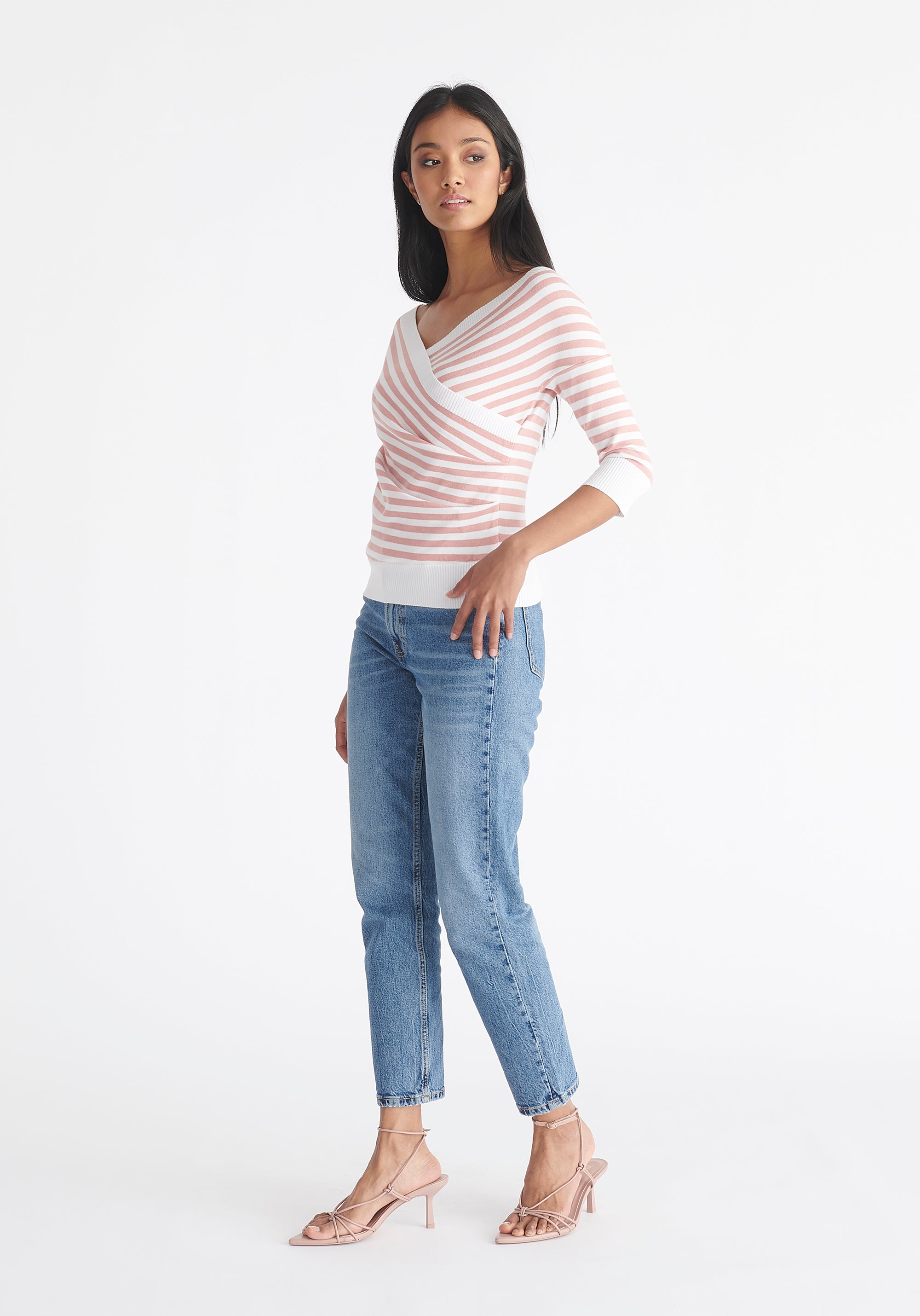 Paisie Striped Knitted Wrap Top with 3/4 Sleeves in Pink and White