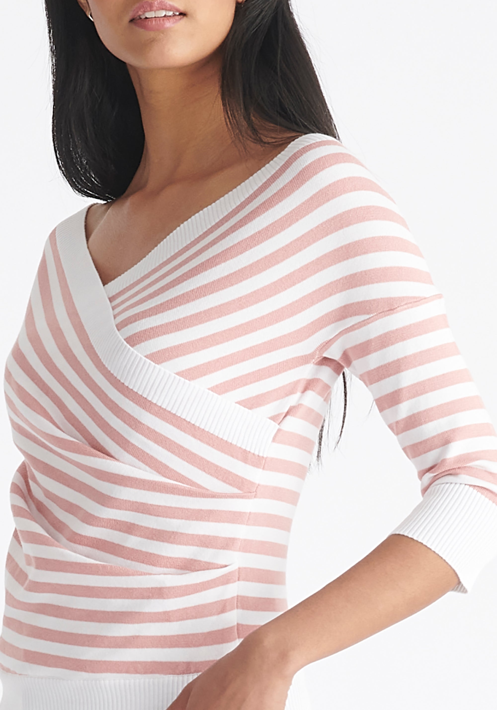 Paisie Striped Knitted Wrap Top with 3/4 Sleeves in Pink and White Close Up