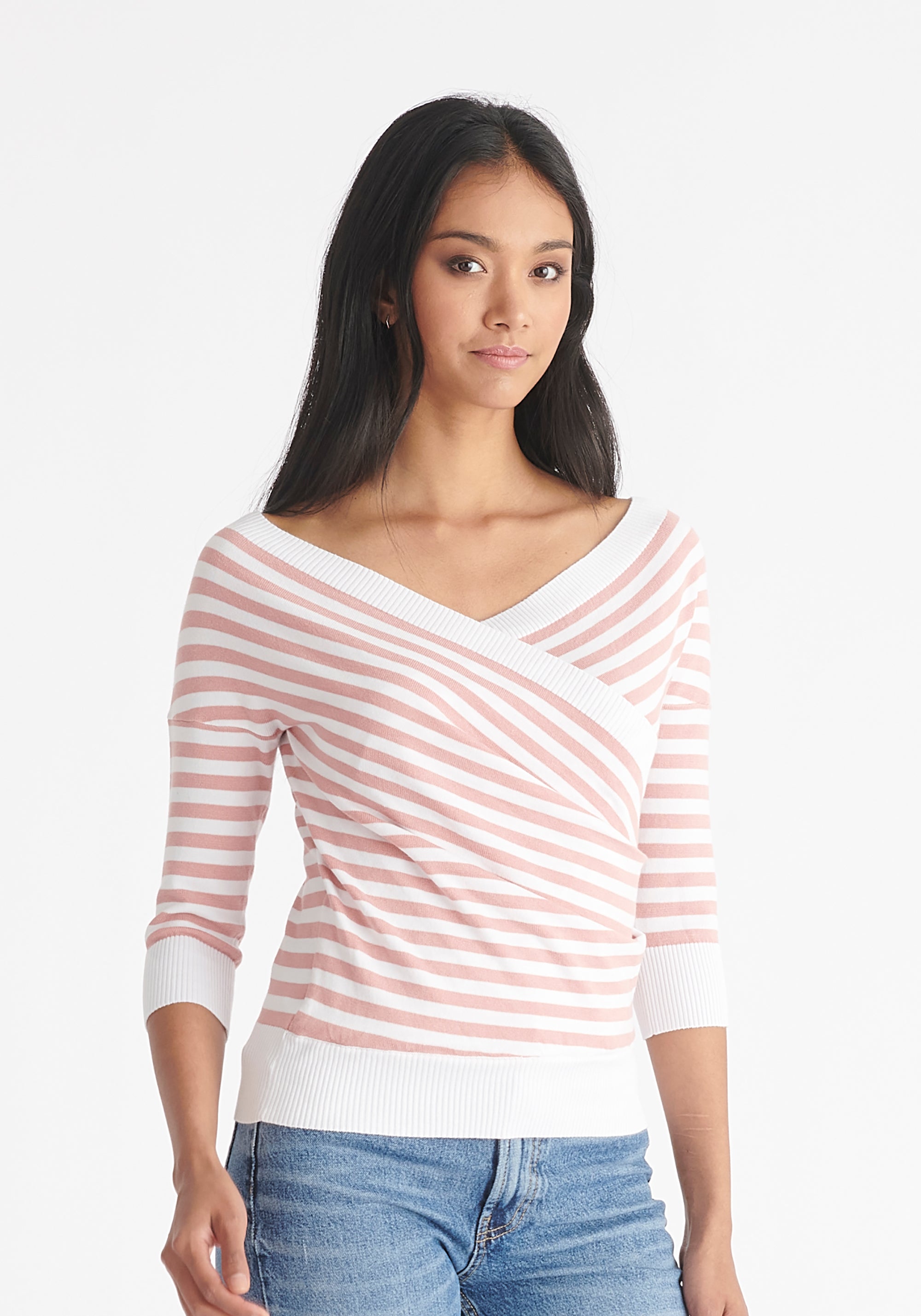 Paisie Striped Knitted Wrap Top with 3/4 Sleeves in Pink and White