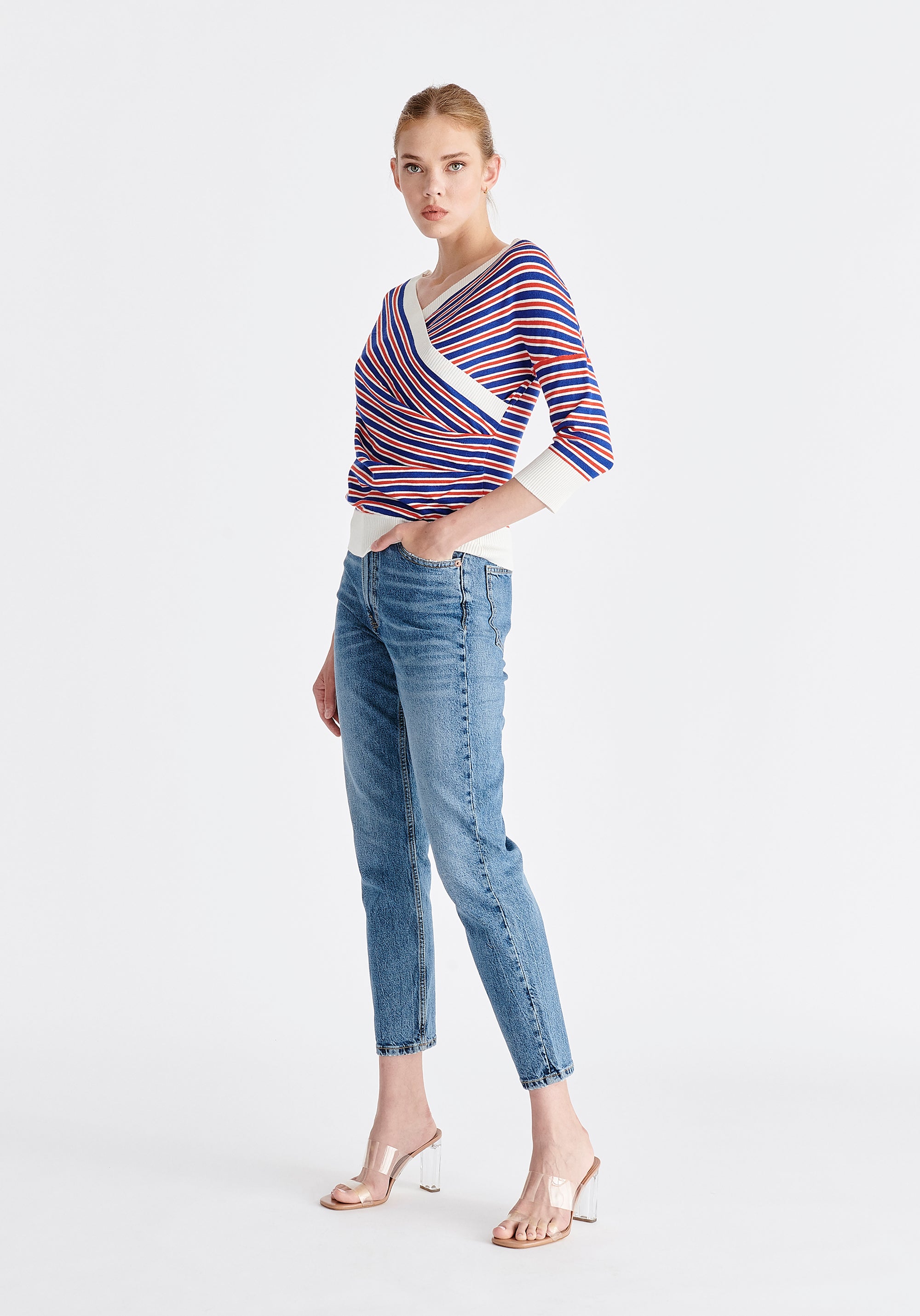 Knitted Wrap Top With 3/4 Sleeves in Red, White and Blue Side