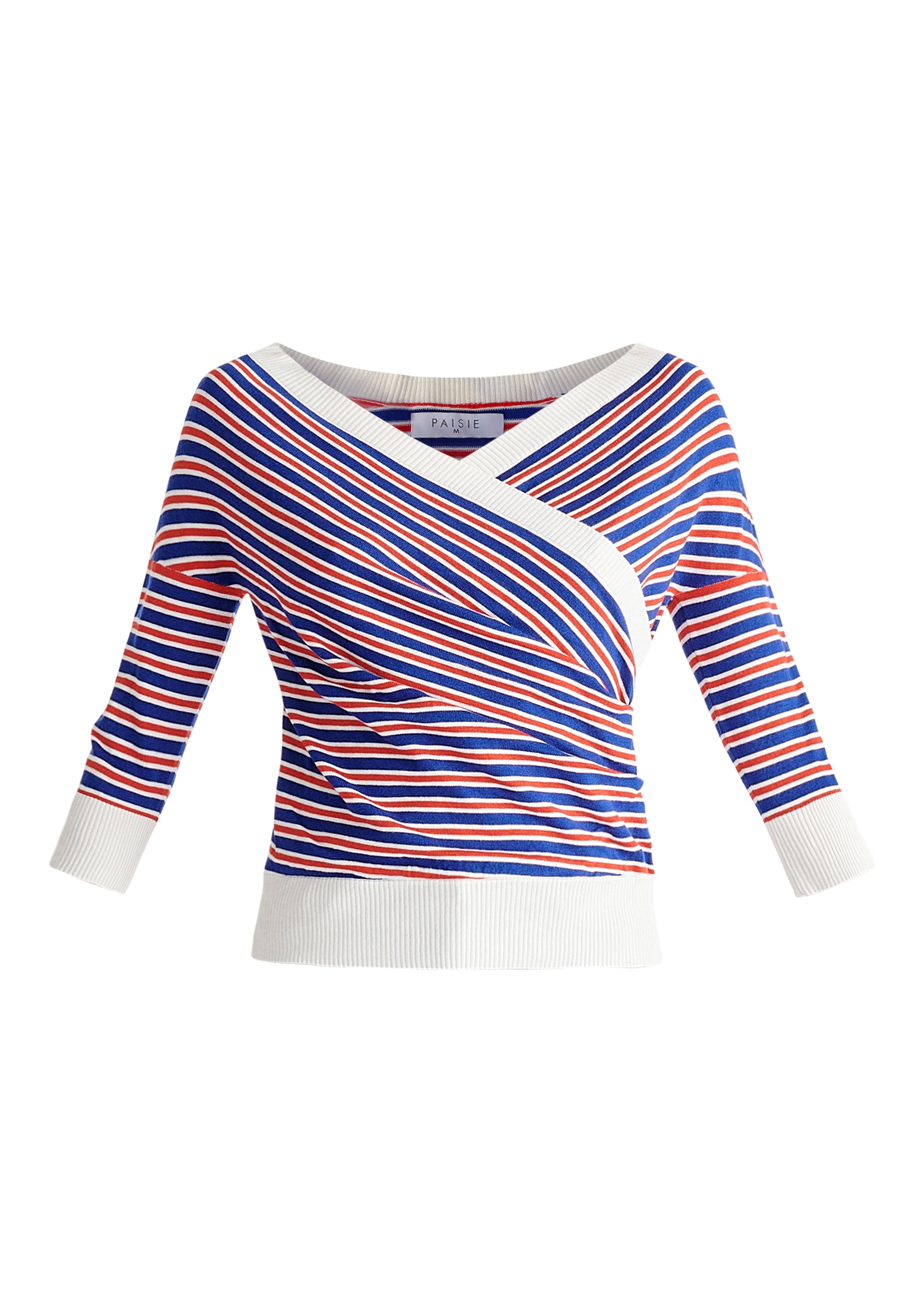 Knitted Wrap Top With 3/4 Sleeves in Red, White and Blue