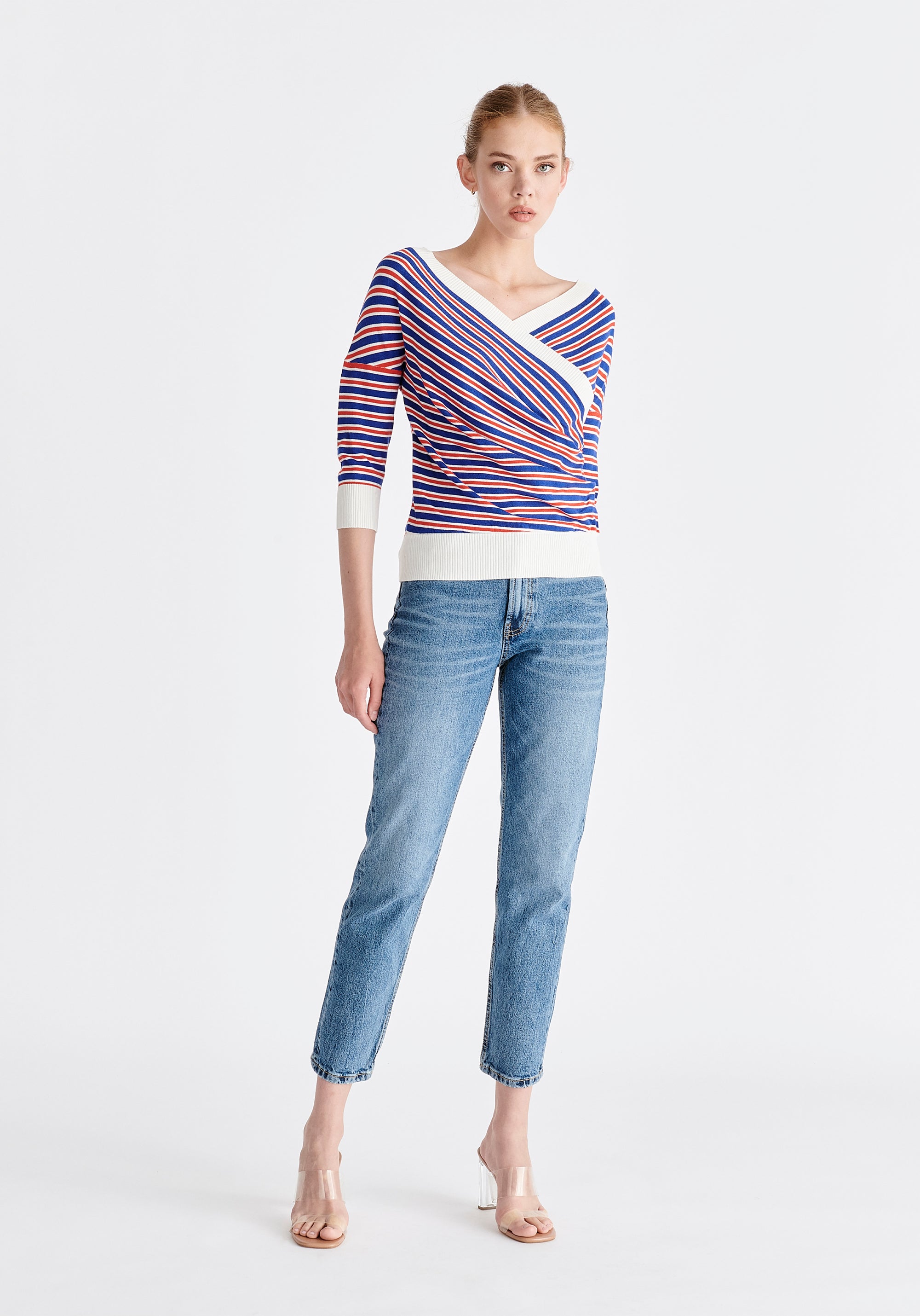 Knitted Wrap Top With 3/4 Sleeves in Red, White and Blue