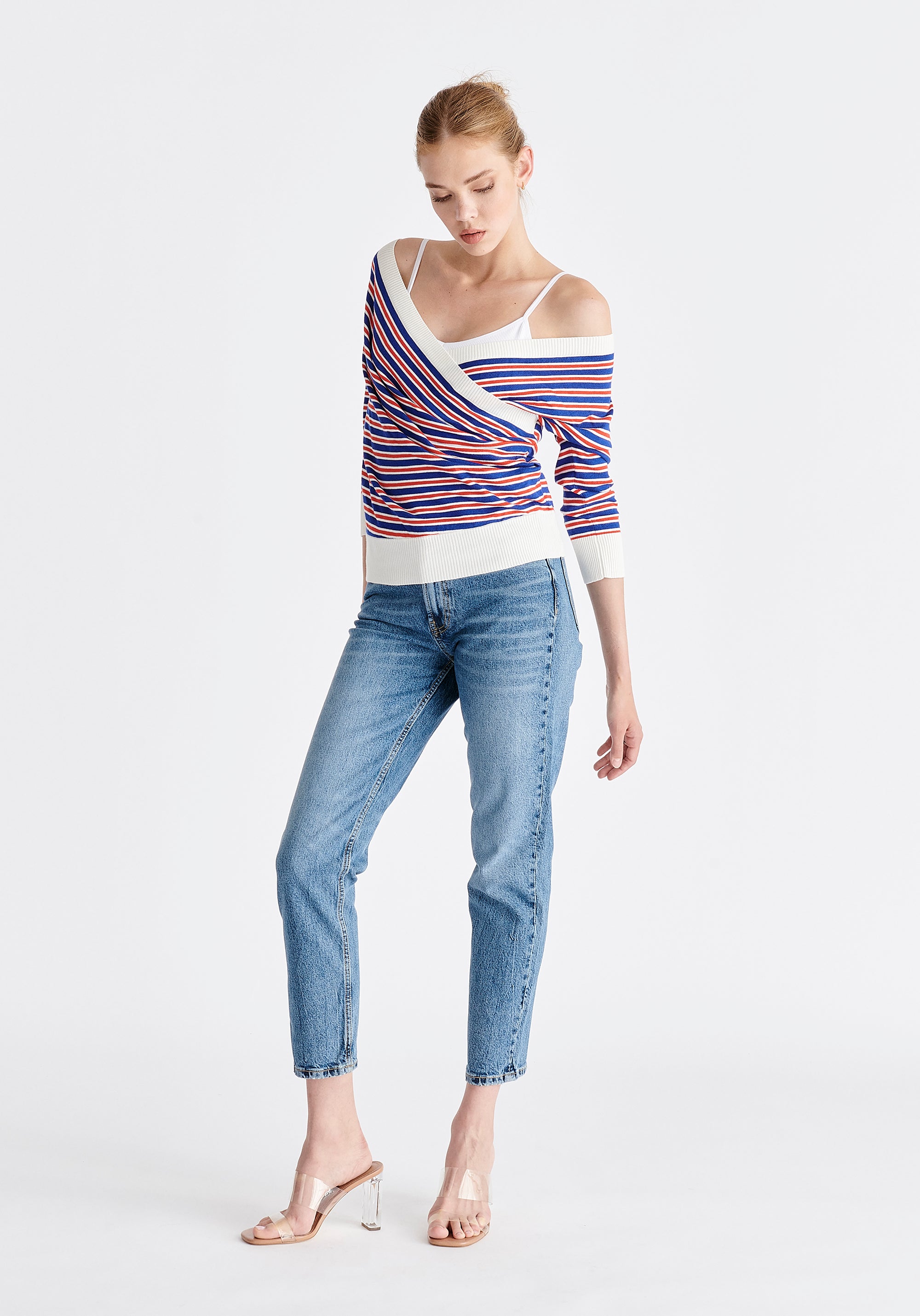 Knitted Wrap Top With 3/4 Sleeves in Red, White and Blue