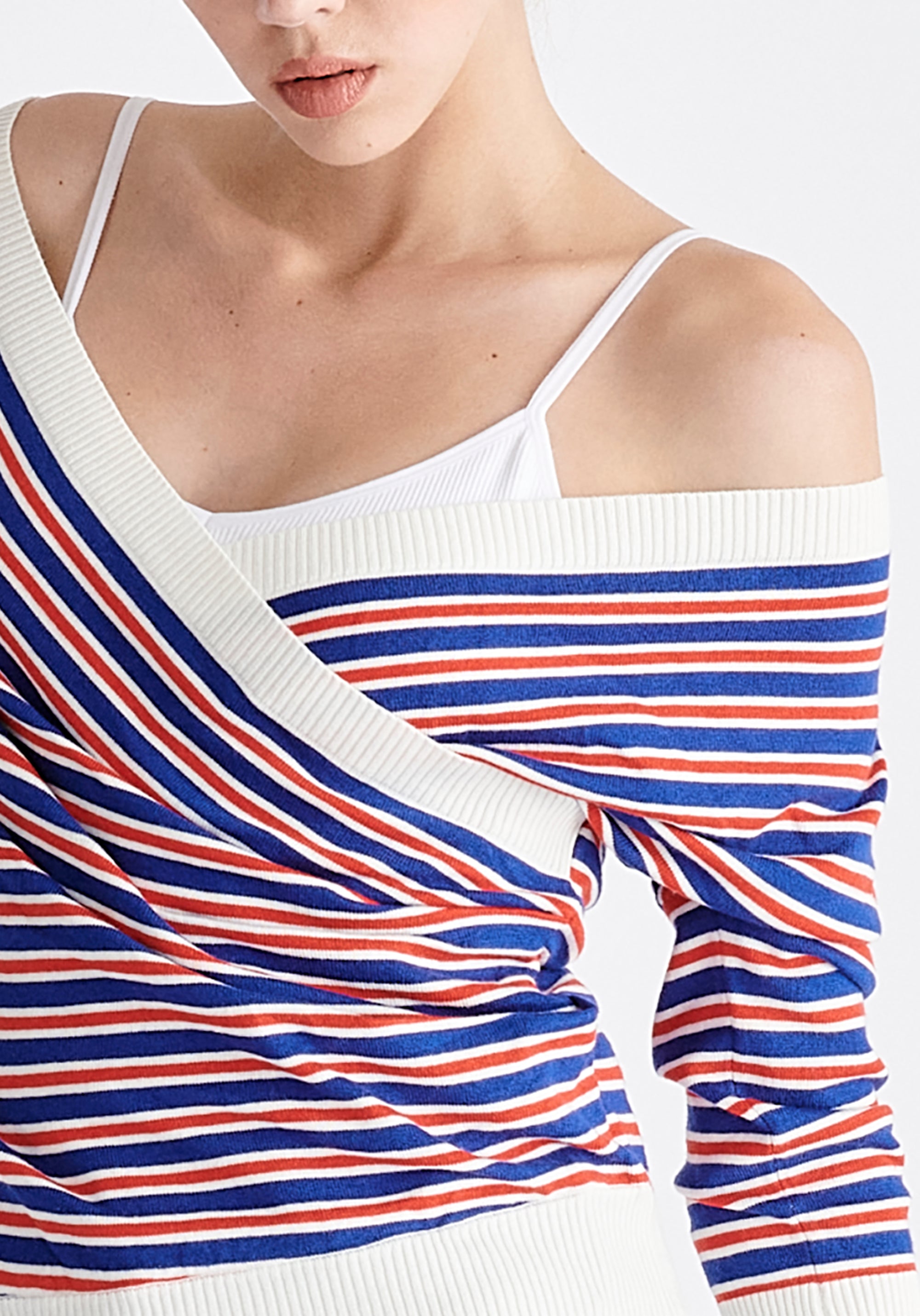 Knitted Wrap Top With 3/4 Sleeves in Red, White and Blue Close Up