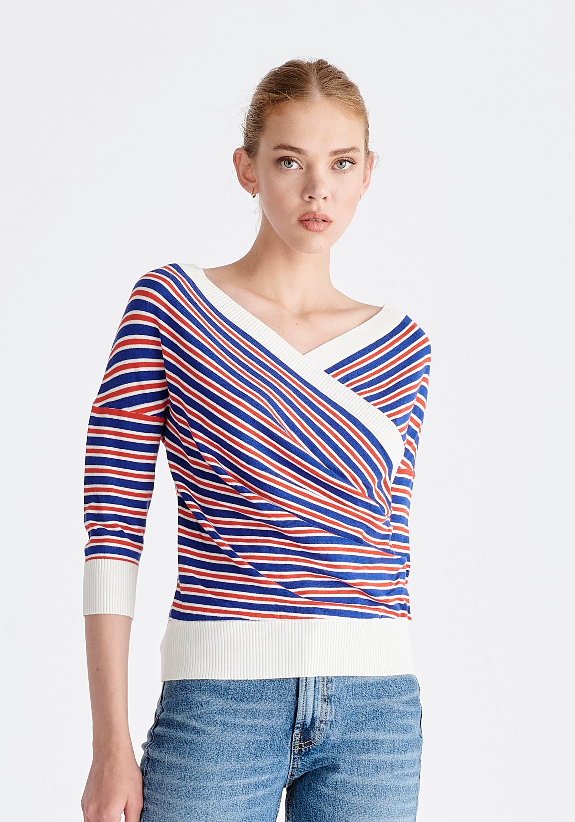 Knitted Wrap Top With 3/4 Sleeves in Red, White and Blue