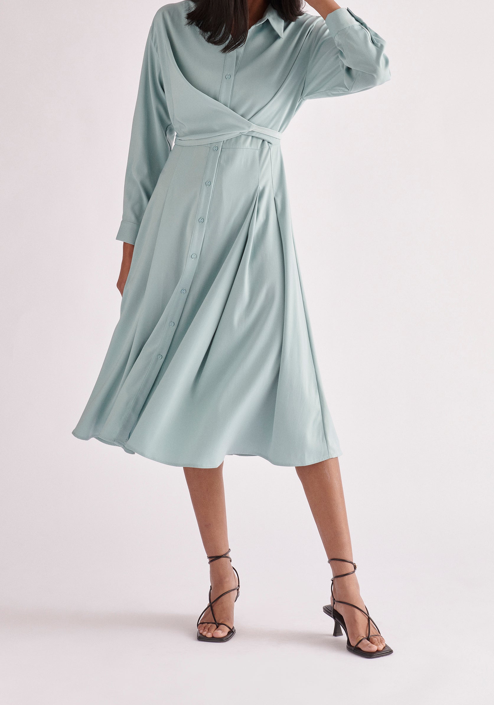 Paisie Side Tie Shirt Dress in Teal