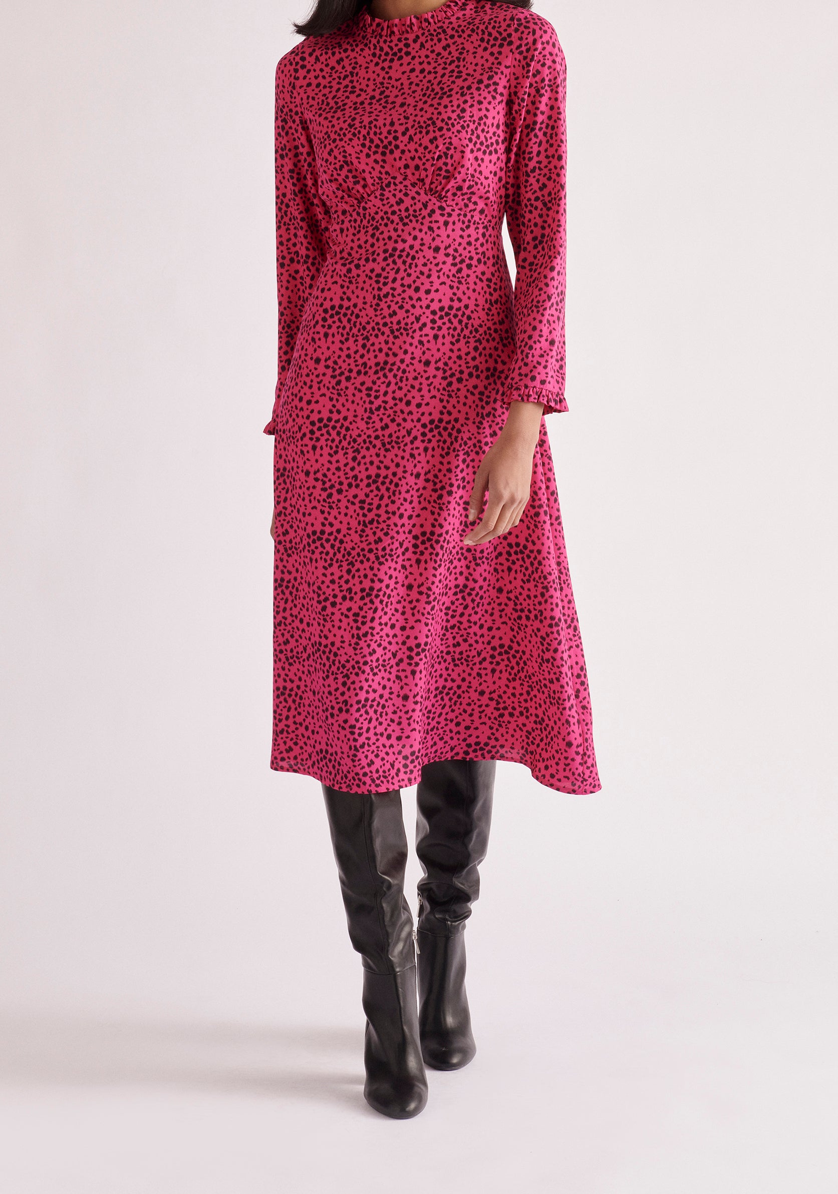 Paisie Midi Dalmatian Print Dress in Hot Pink