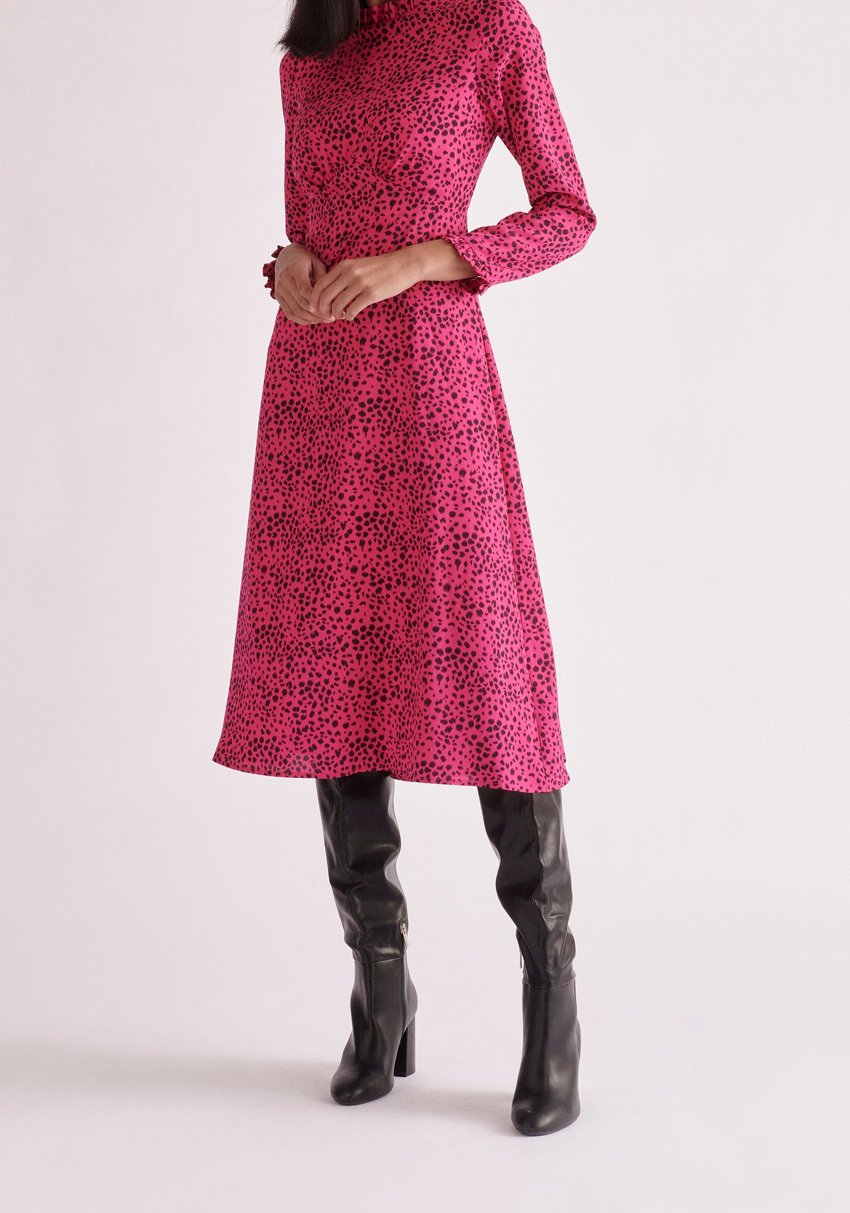 Paisie Midi Dalmatian Print Dress in Hot Pink