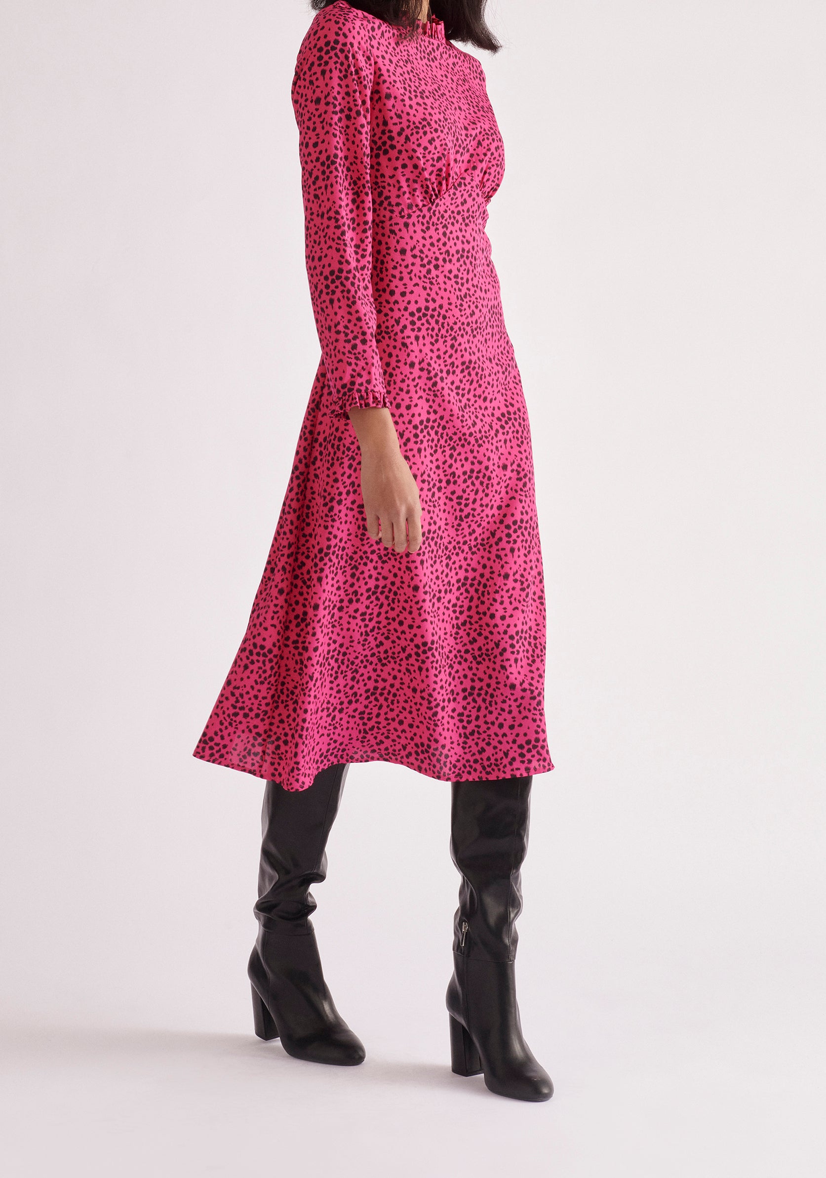 Paisie Midi Dalmatian Print Dress in Hot Pink