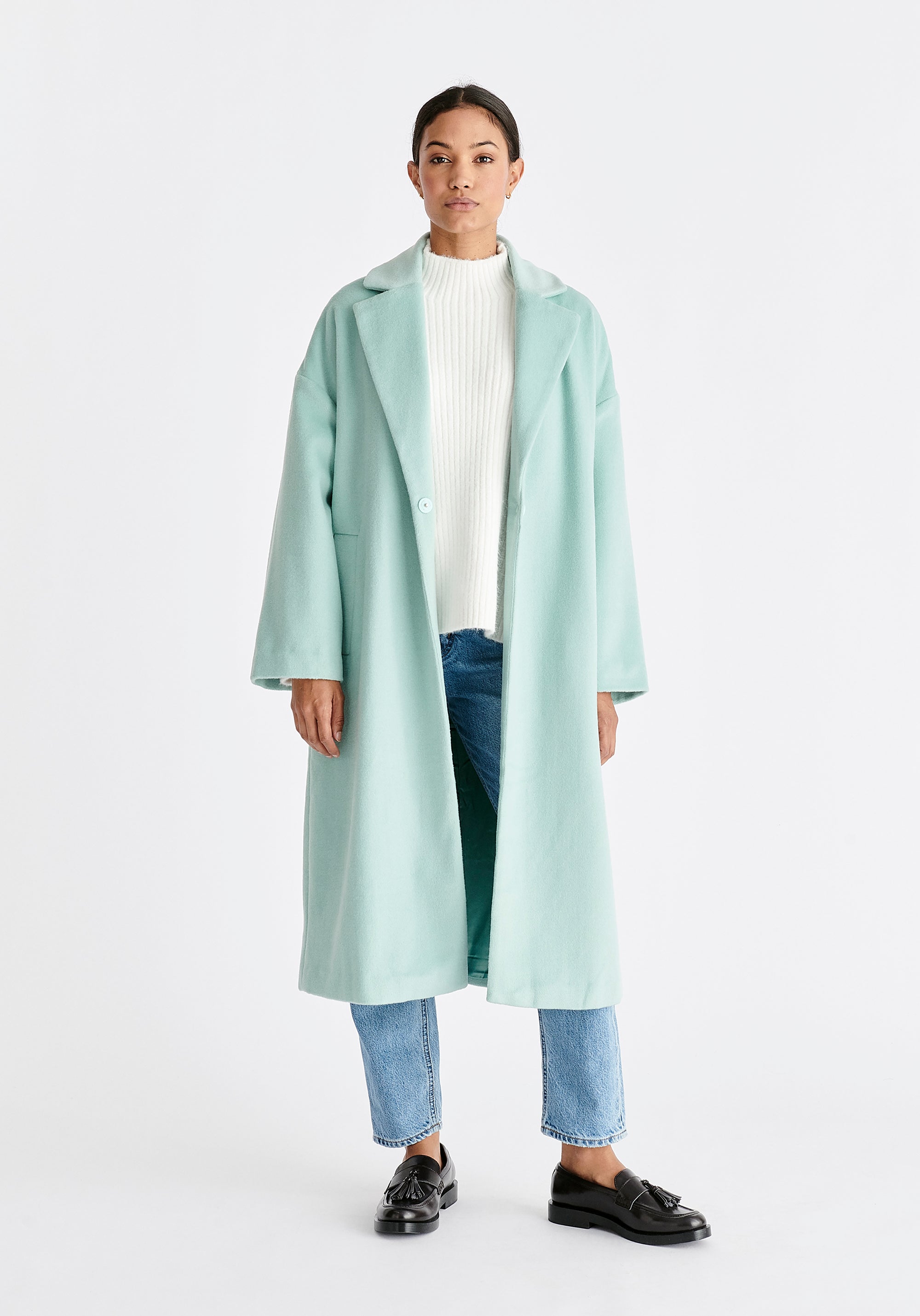 Pasie Belted Wool Blend Coat in Mint Green