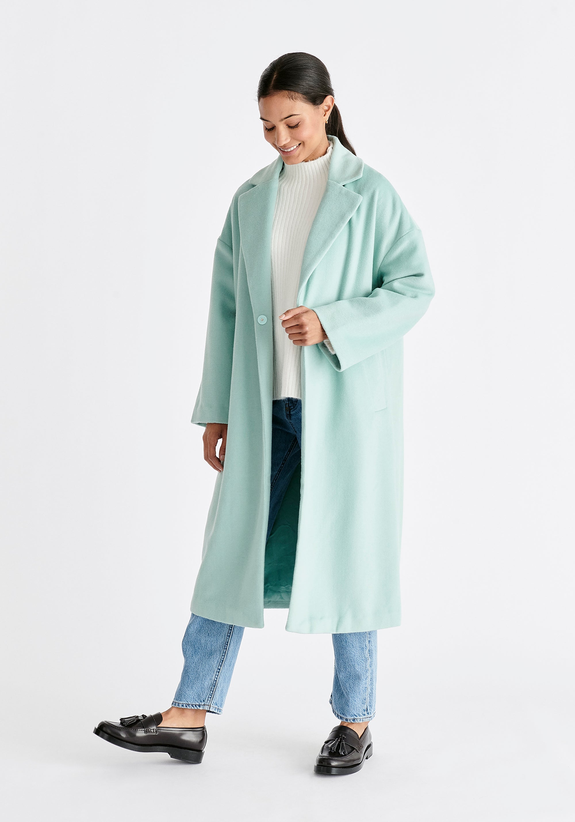 Pasie Belted Wool Blend Coat in Mint Green