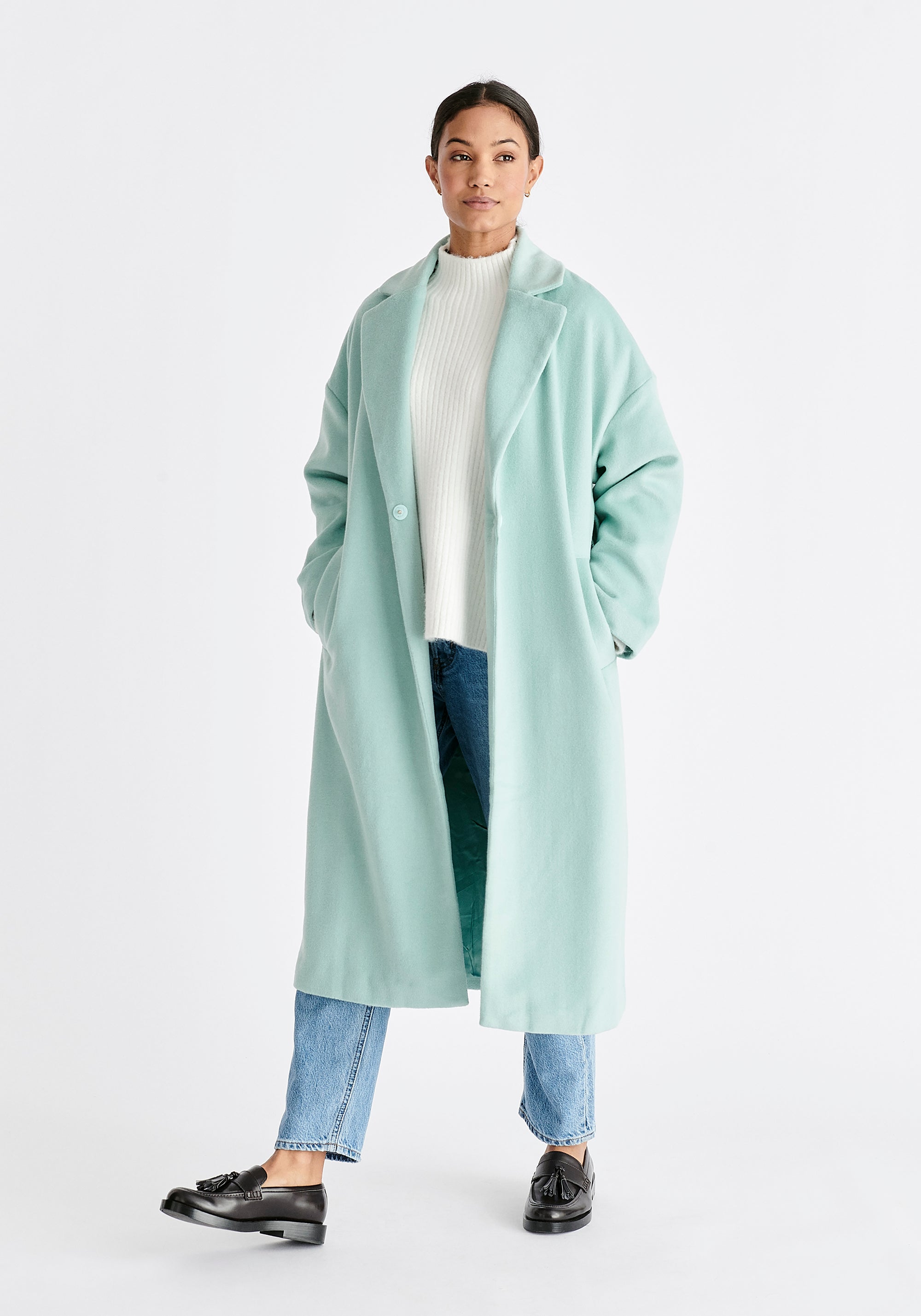 Pasie Belted Wool Blend Coat in Mint Green