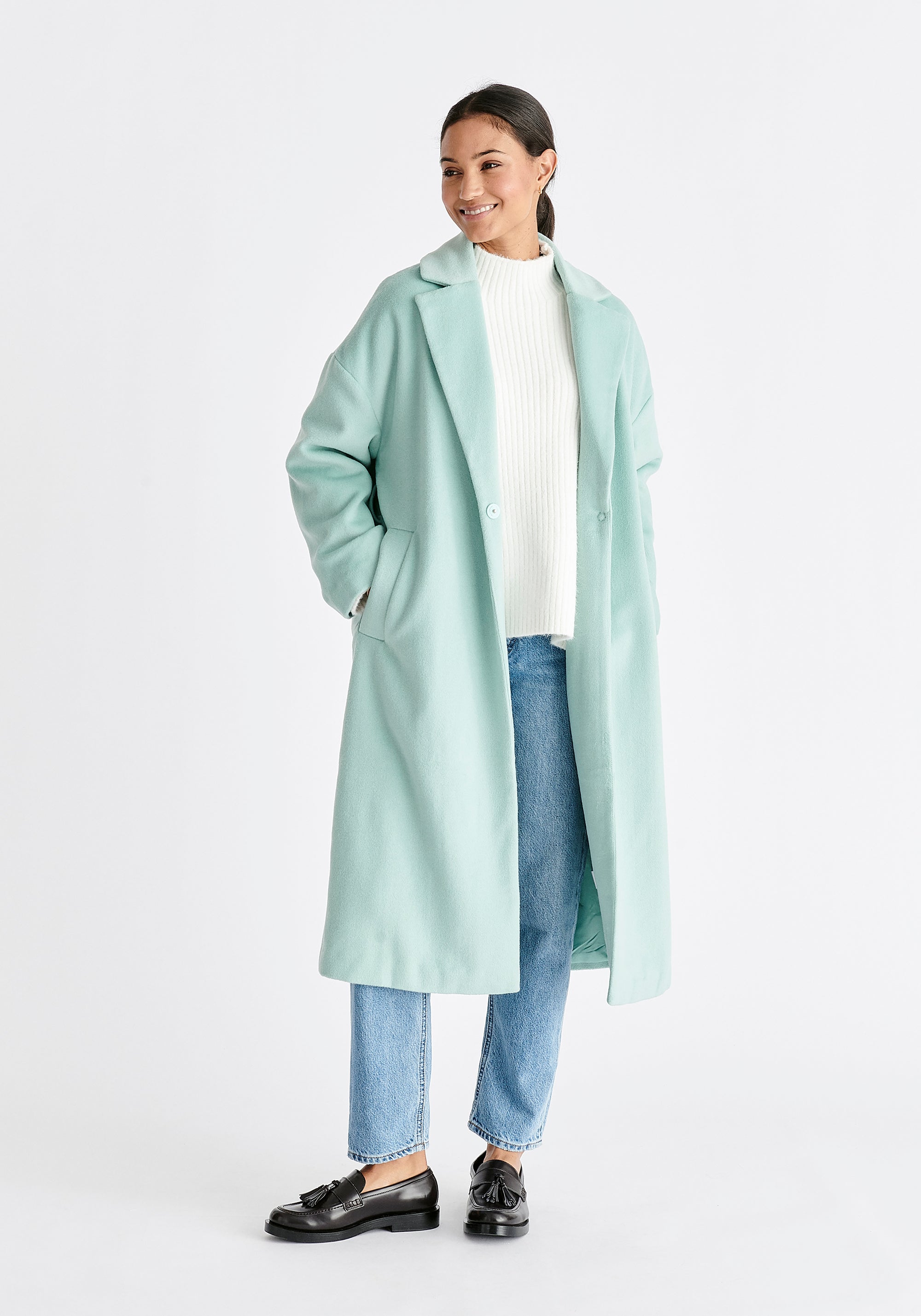 Pasie Belted Wool Blend Coat in Mint Green