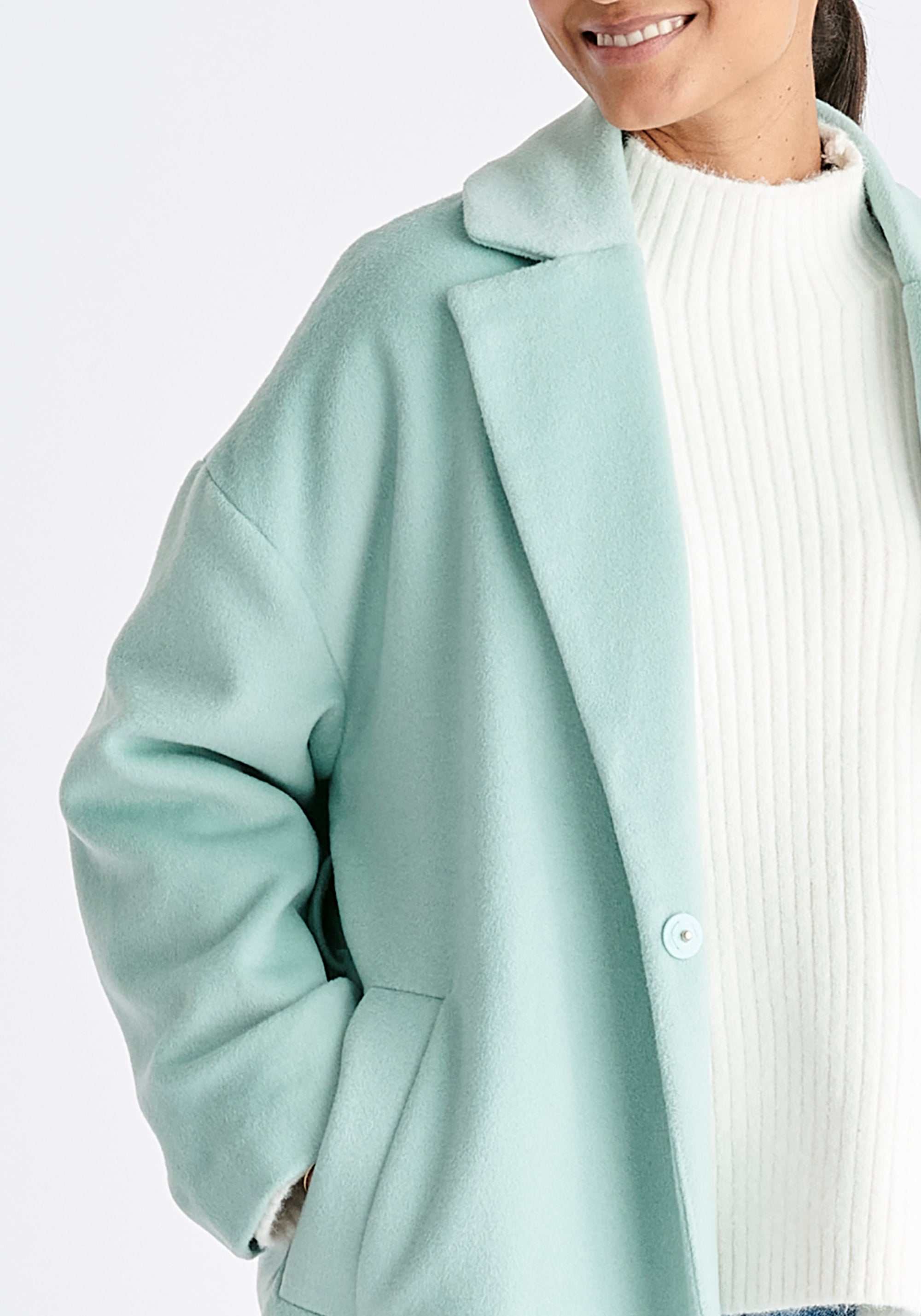 Pasie Belted Wool Blend Coat in Mint Green Close Up