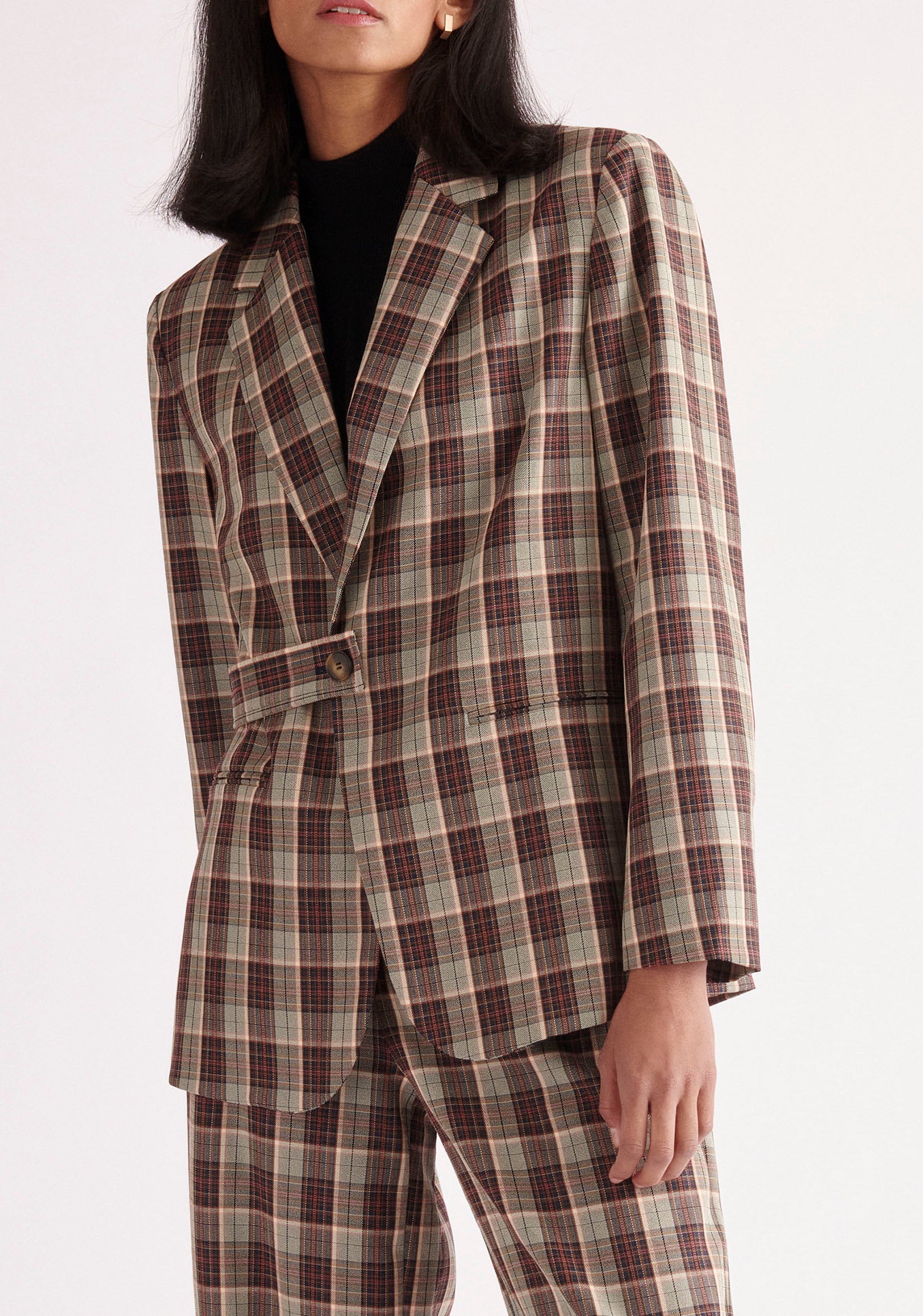 Paisie Belted Plaid Blazer in Green, Brown and Pink Tones