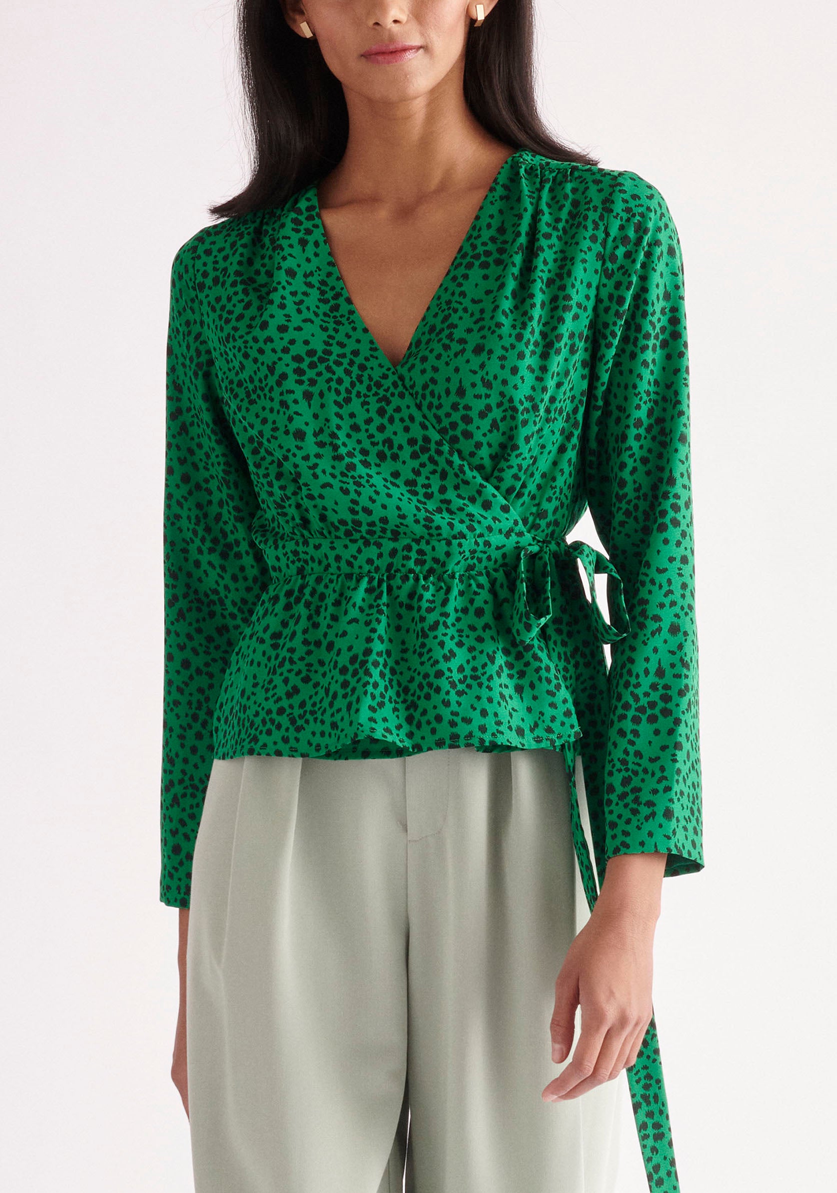 Paisie Dalmatian Print Wrap Blouse in Green