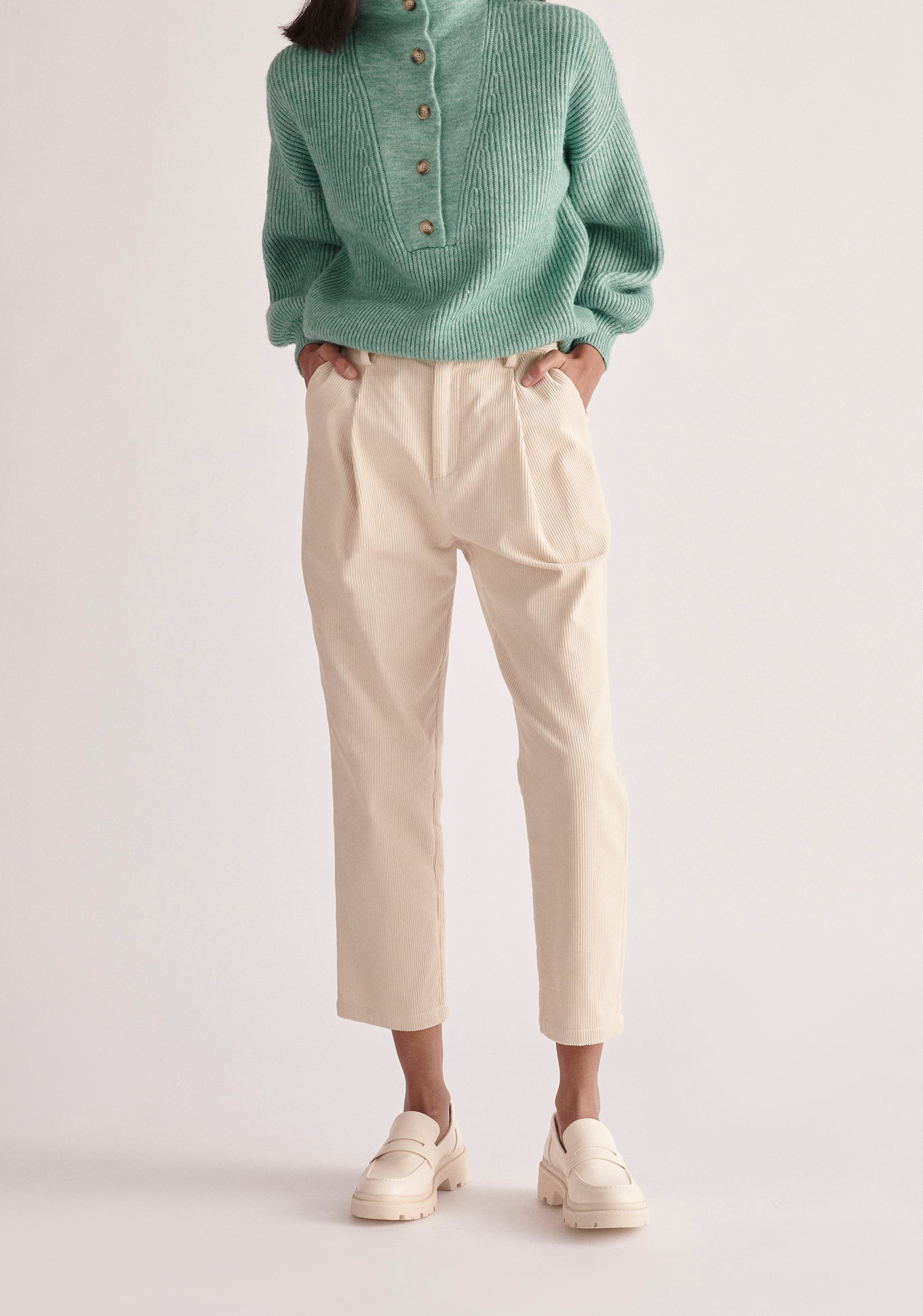 Paisie Pleated Corduroy Trousers in Cream