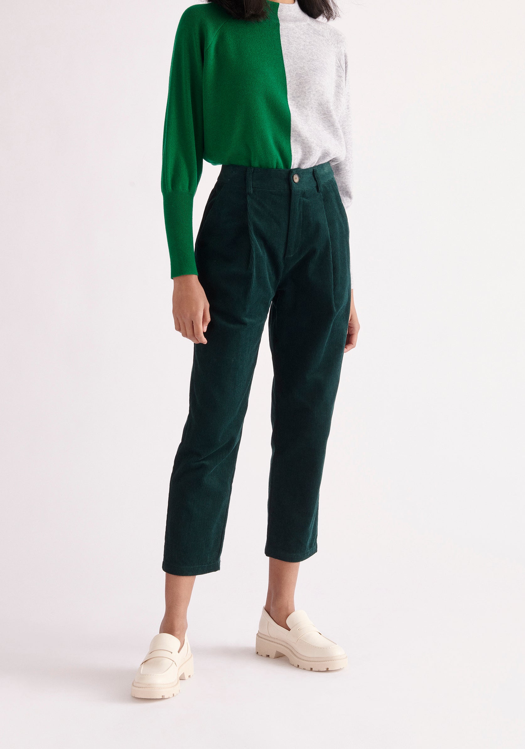 Paisie Pleated Corduroy Trousers in Dark Green