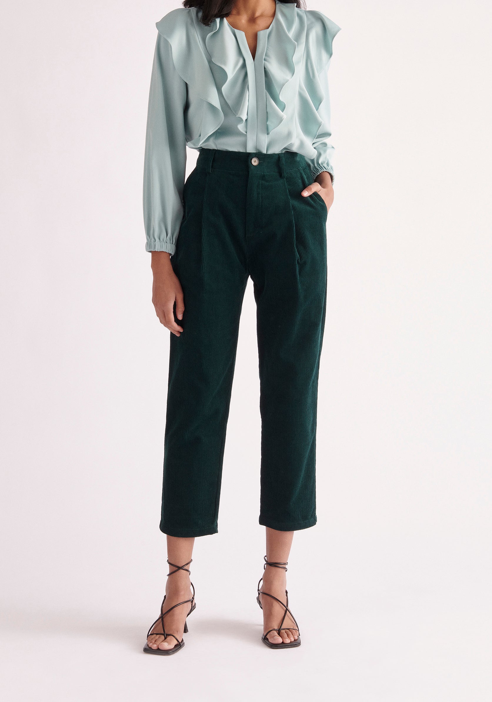 Paisie Pleated Corduroy Trousers in Dark Green