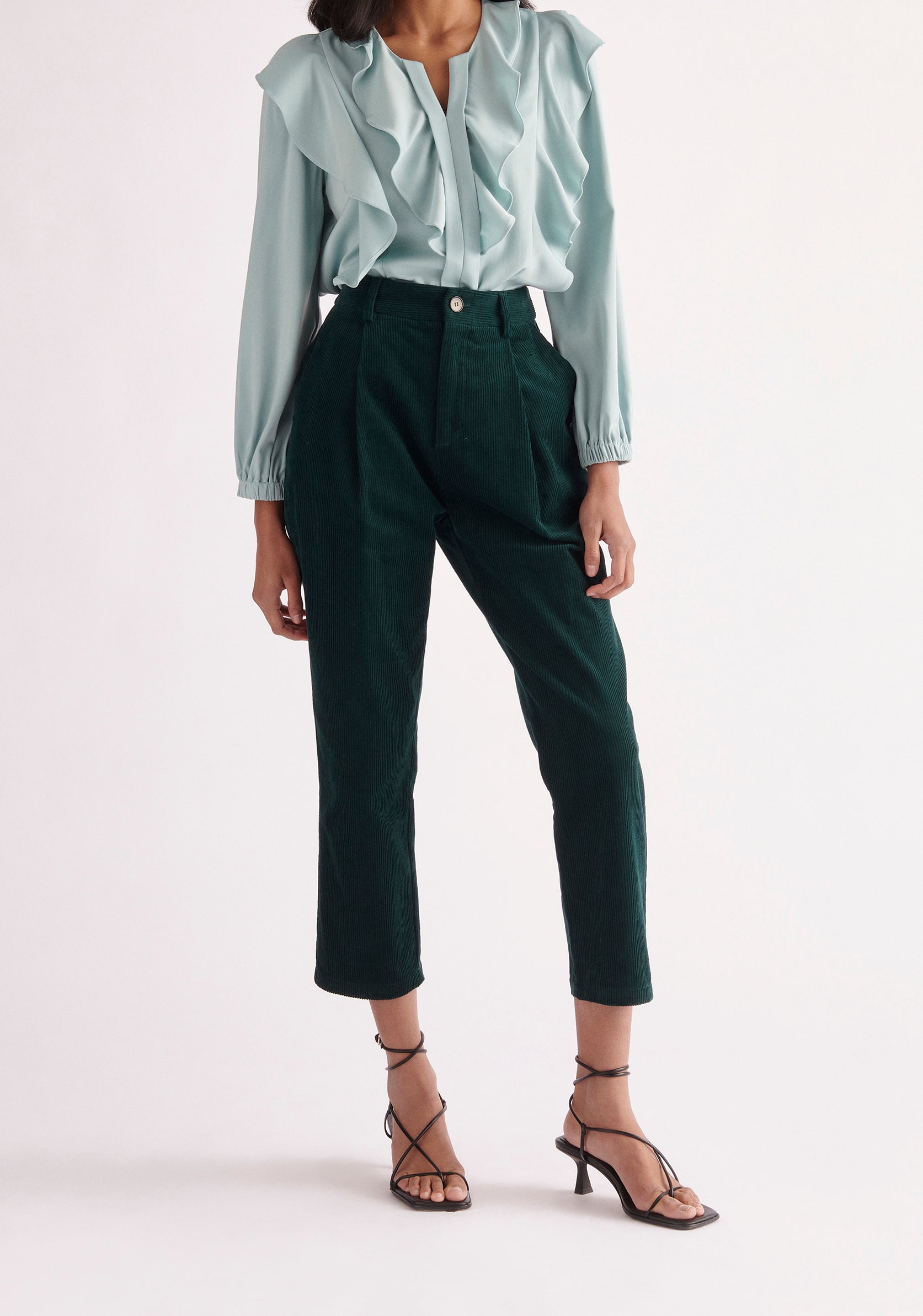 Paisie Pleated Corduroy Trousers in Dark Green