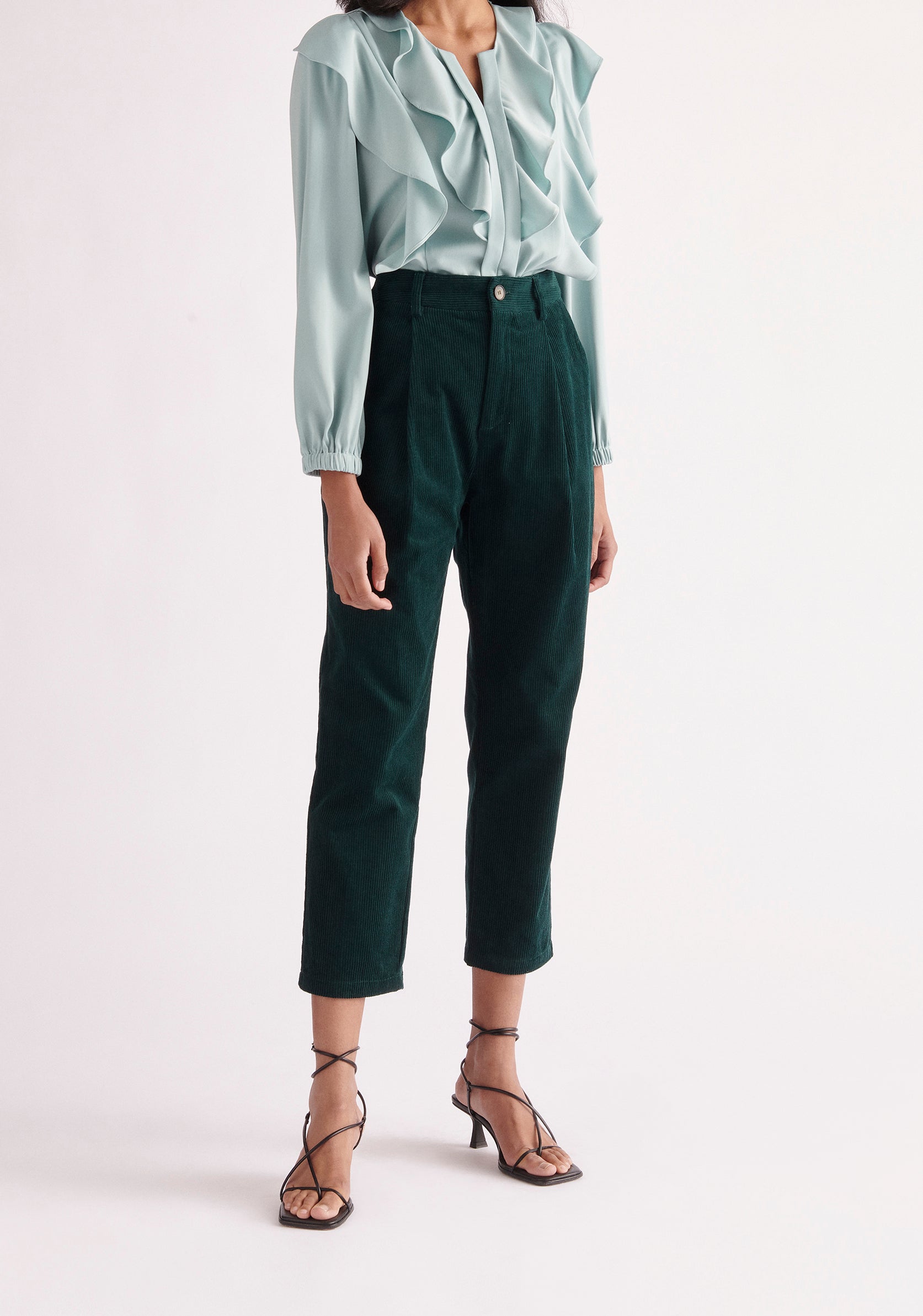 Paisie Pleated Corduroy Trousers in Dark Green