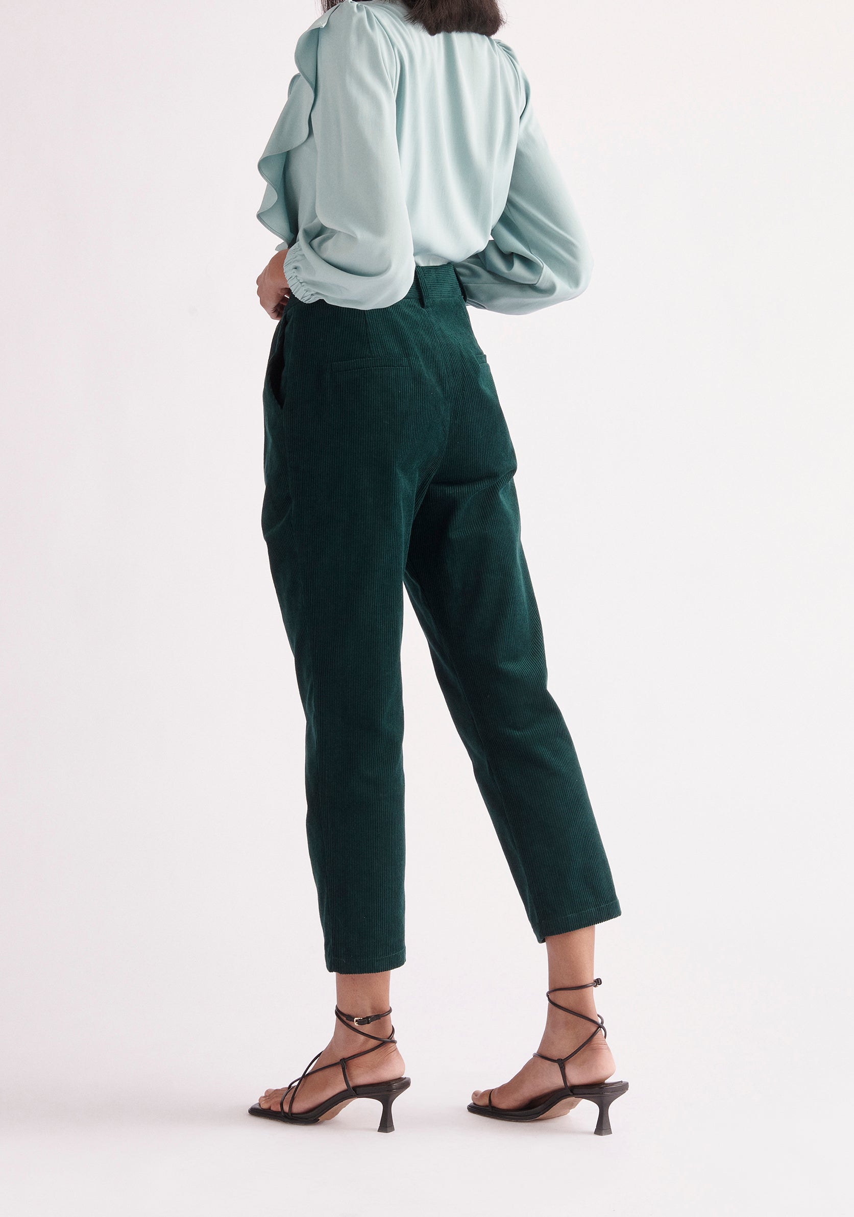 Paisie Pleated Corduroy Trousers in Dark Green Back